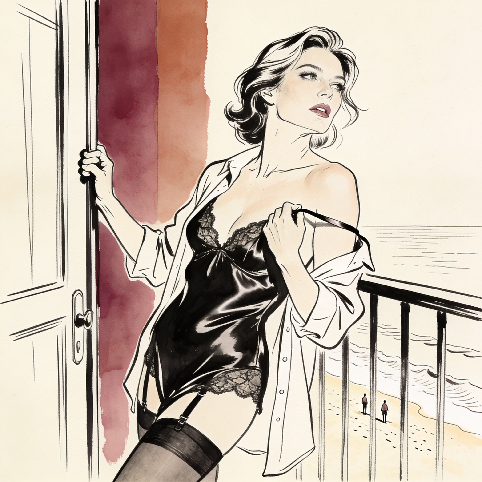 A woman in a silk camisole on a balcony, her expression full of tense desire.