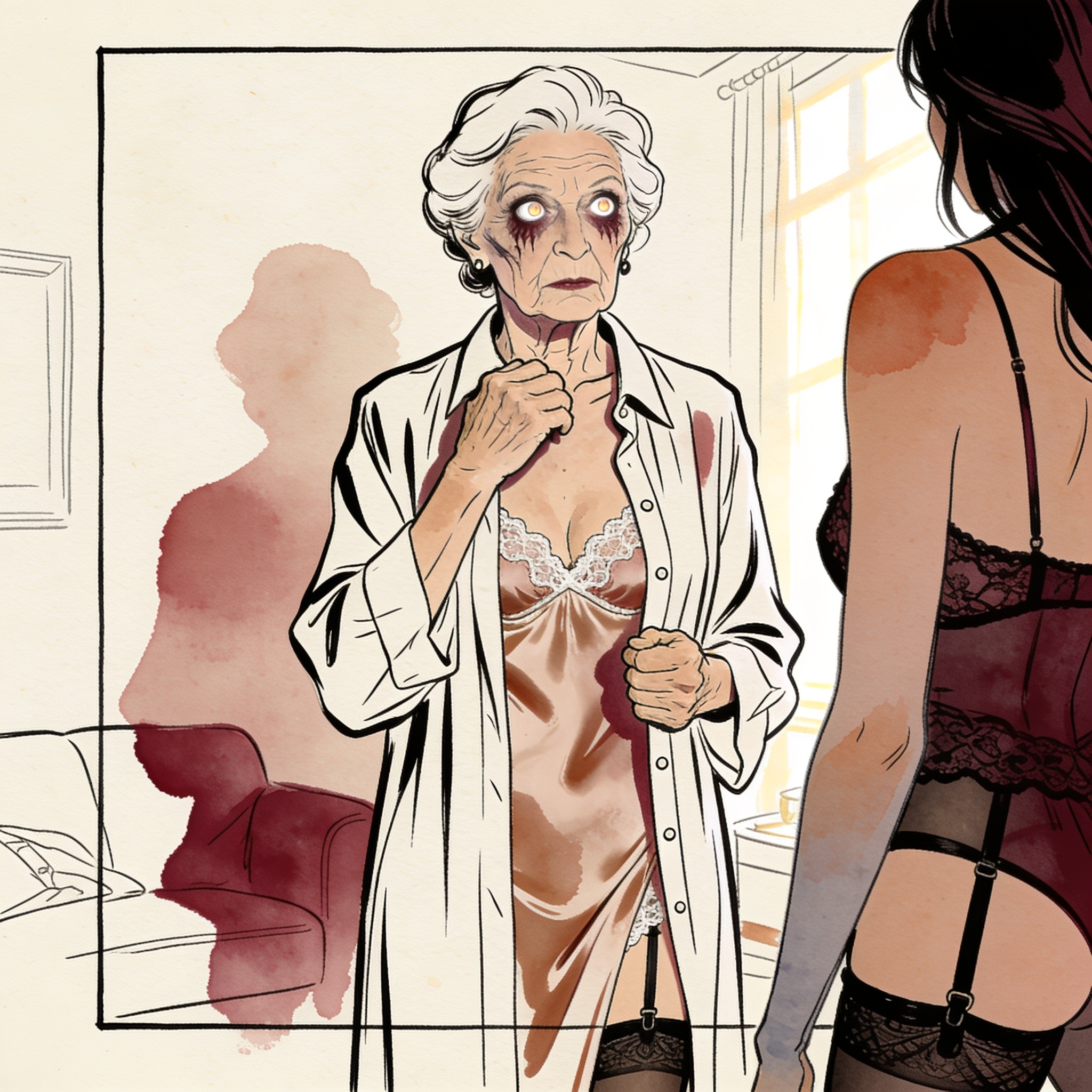 Grandmother watches granddaughter, her face intense, hand on her lace-clad chest.