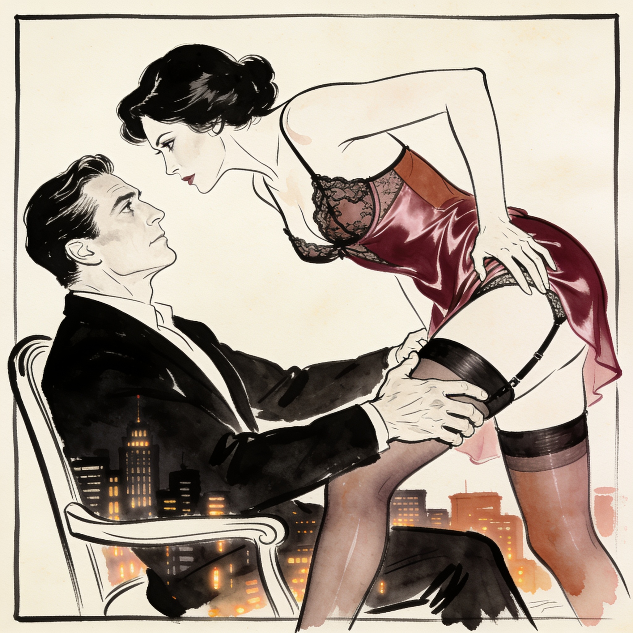 A woman in lace lingerie is arched over a chair as a man holds her hip, city lights beh...