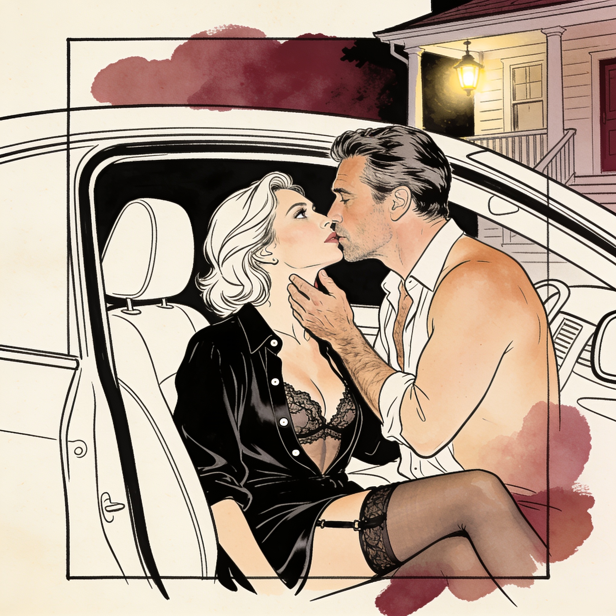 Close-up of a man lifting a woman's chin as they pause for a kiss by a car at night.