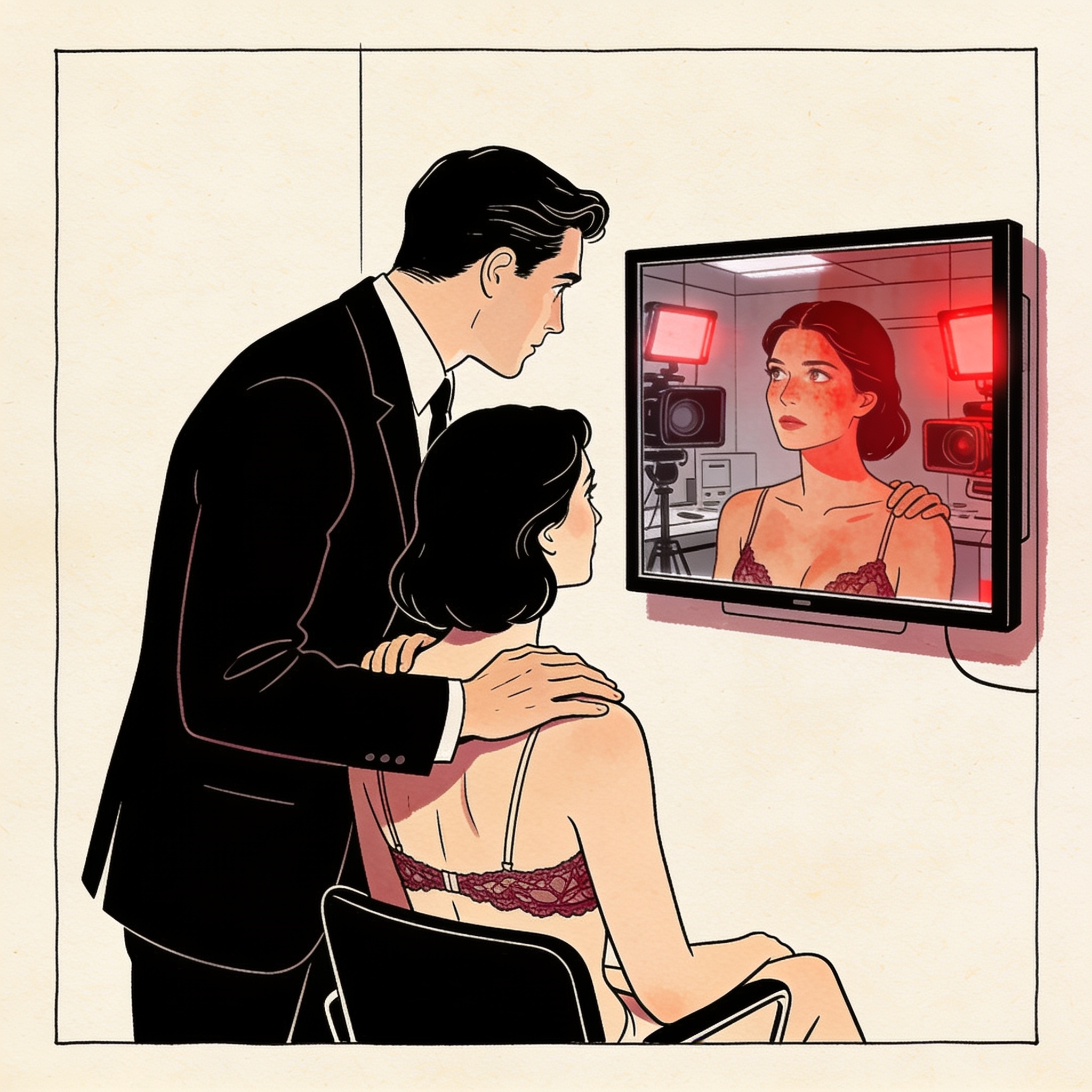 A woman and man share an intimate moment under camera lights in a high-tech lab.