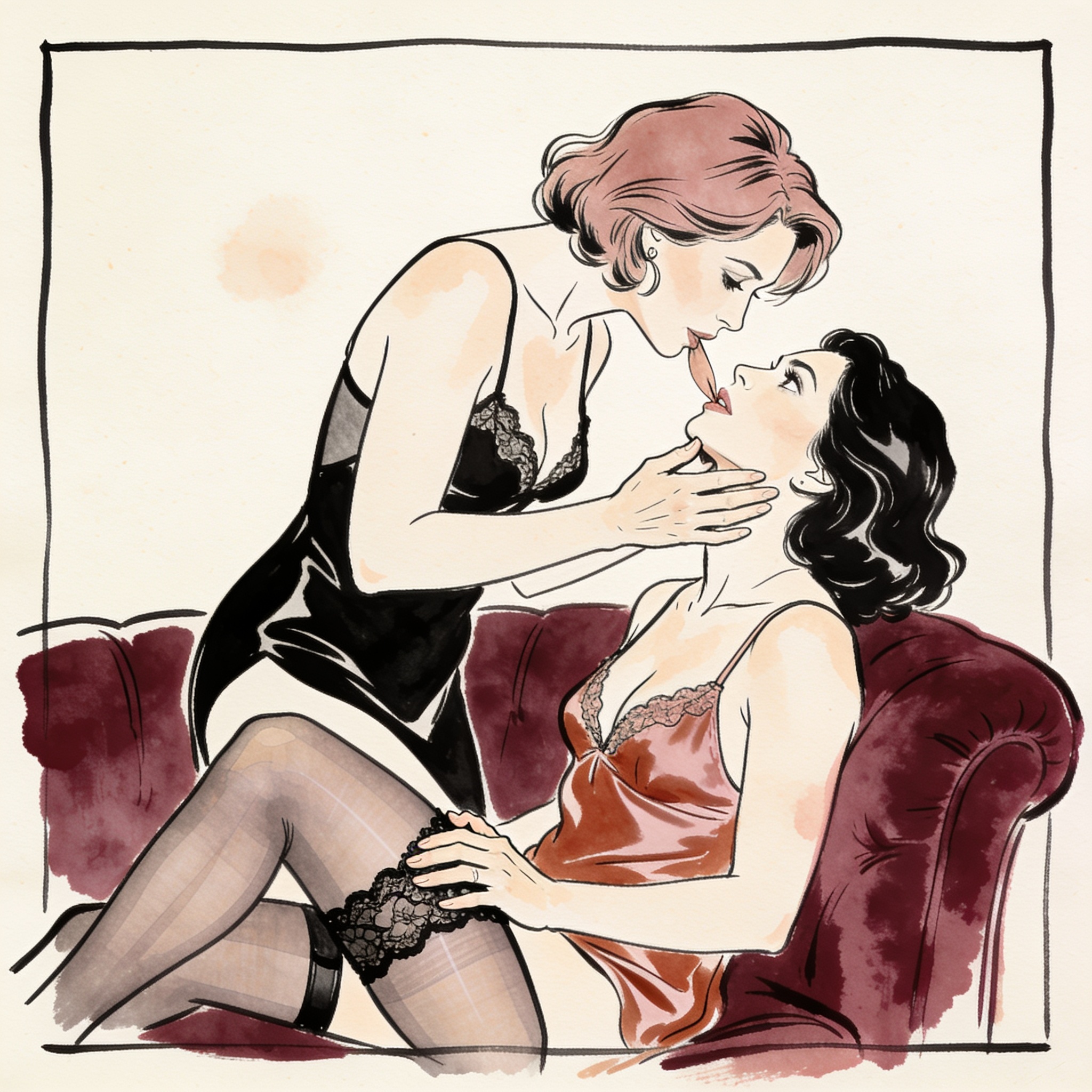 A woman's hand guides another's face, their bodies close on a couch in a luxurious room.