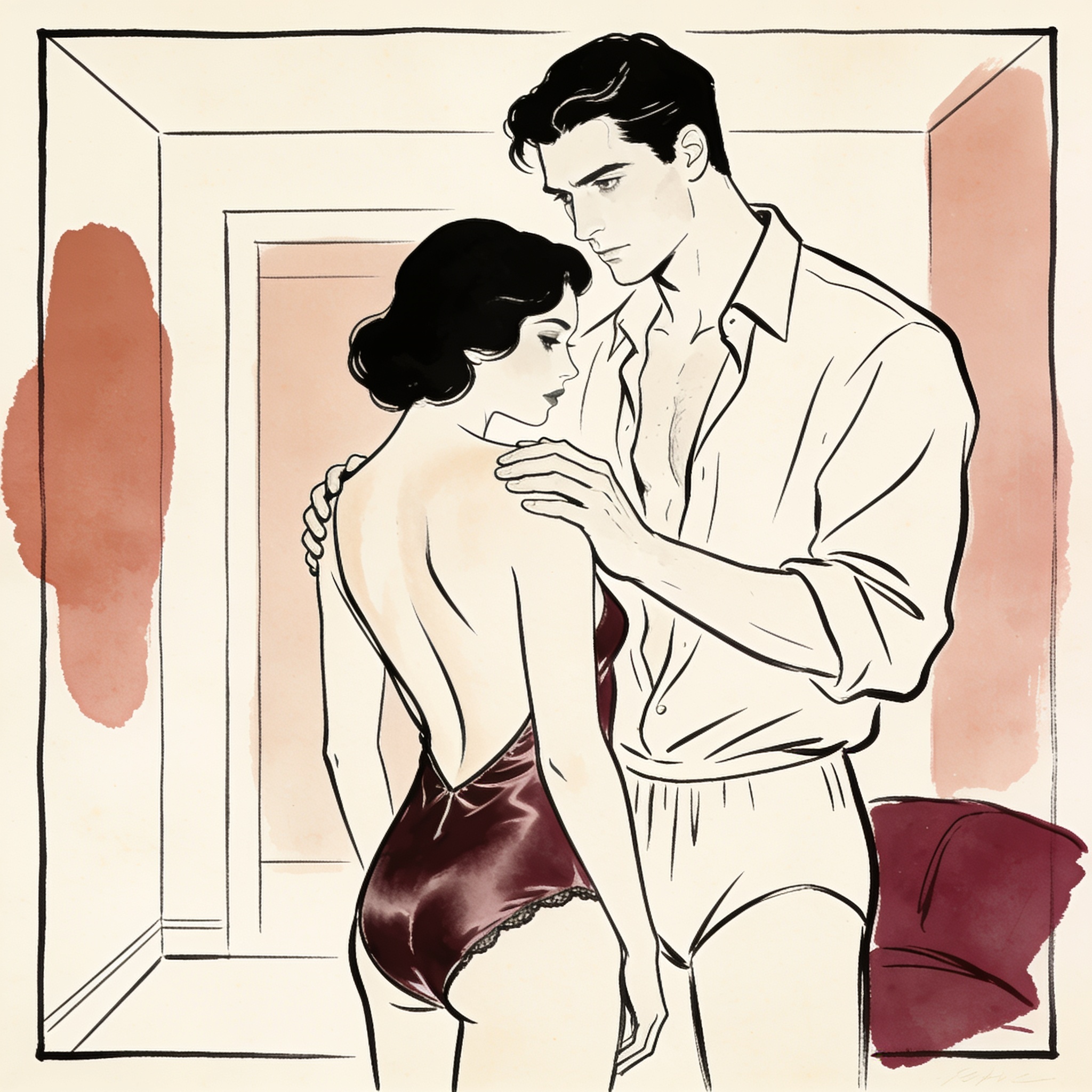 A man assesses a woman in a silk slip, his hand on her bare shoulder in a minimalist mo...