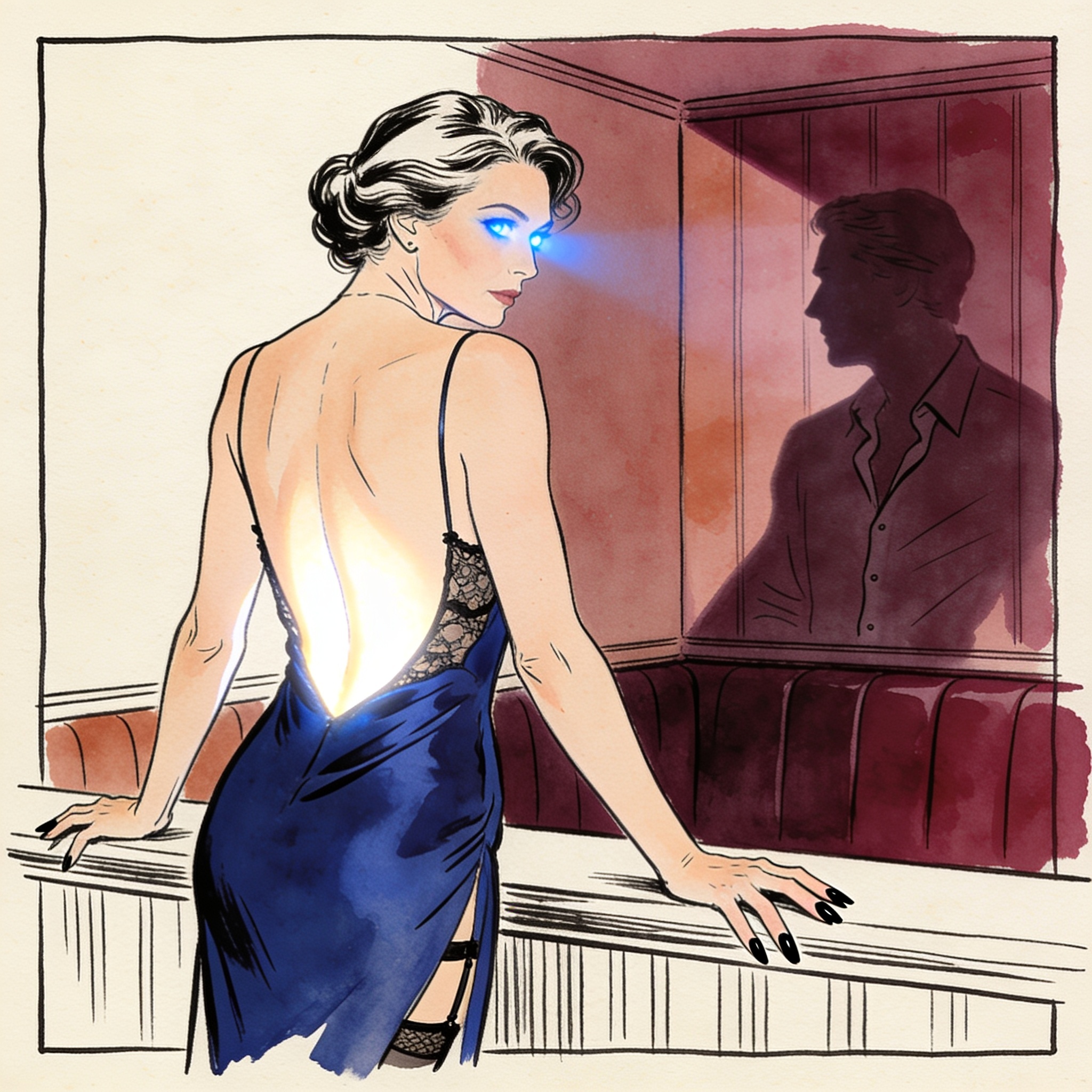 A woman in a backless gown glances longingly at a distant figure in a tavern.