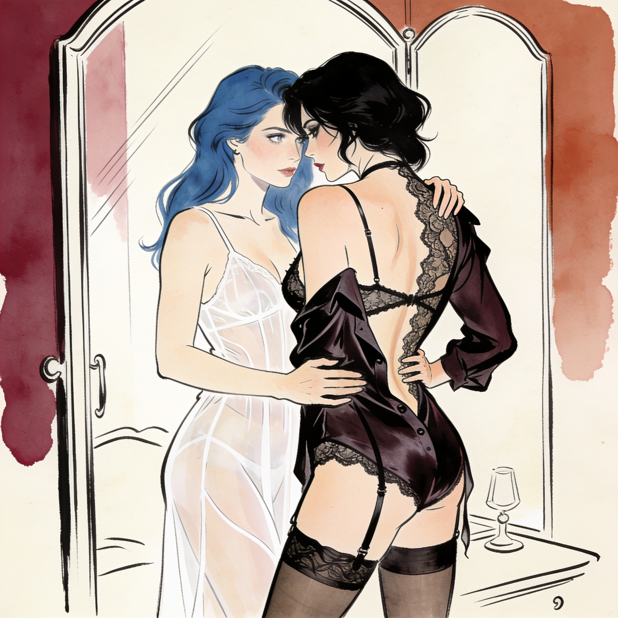 Two women in intimate apparel share a tense moment before a mirror.