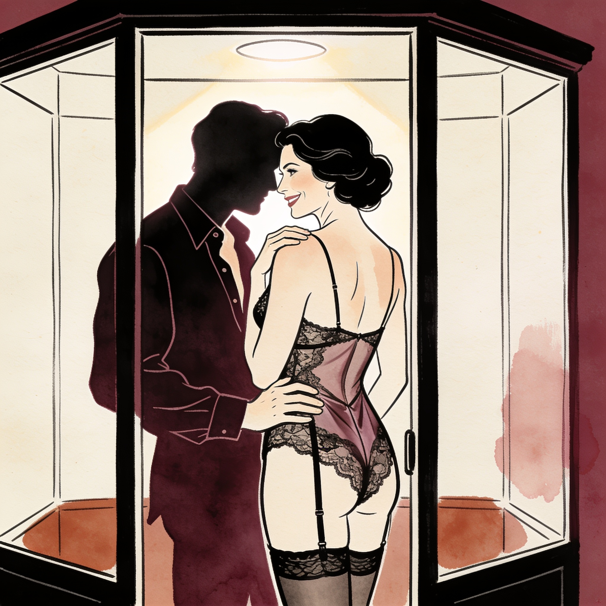 A dancer in lace lingerie stands before a seated couple in a velvet booth, sharing a ch...