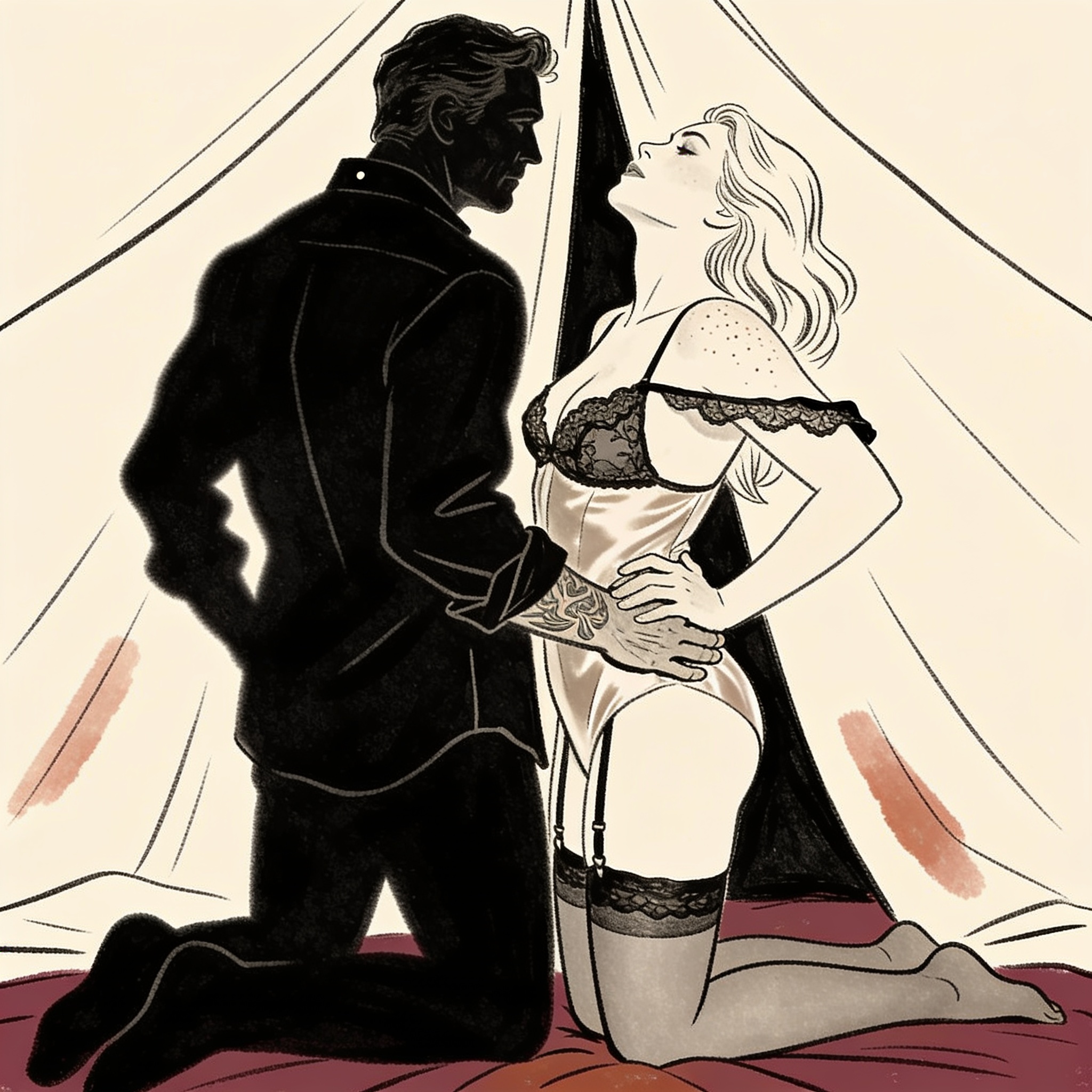 A couple in a tent, her back arched as he holds her close at sunset.