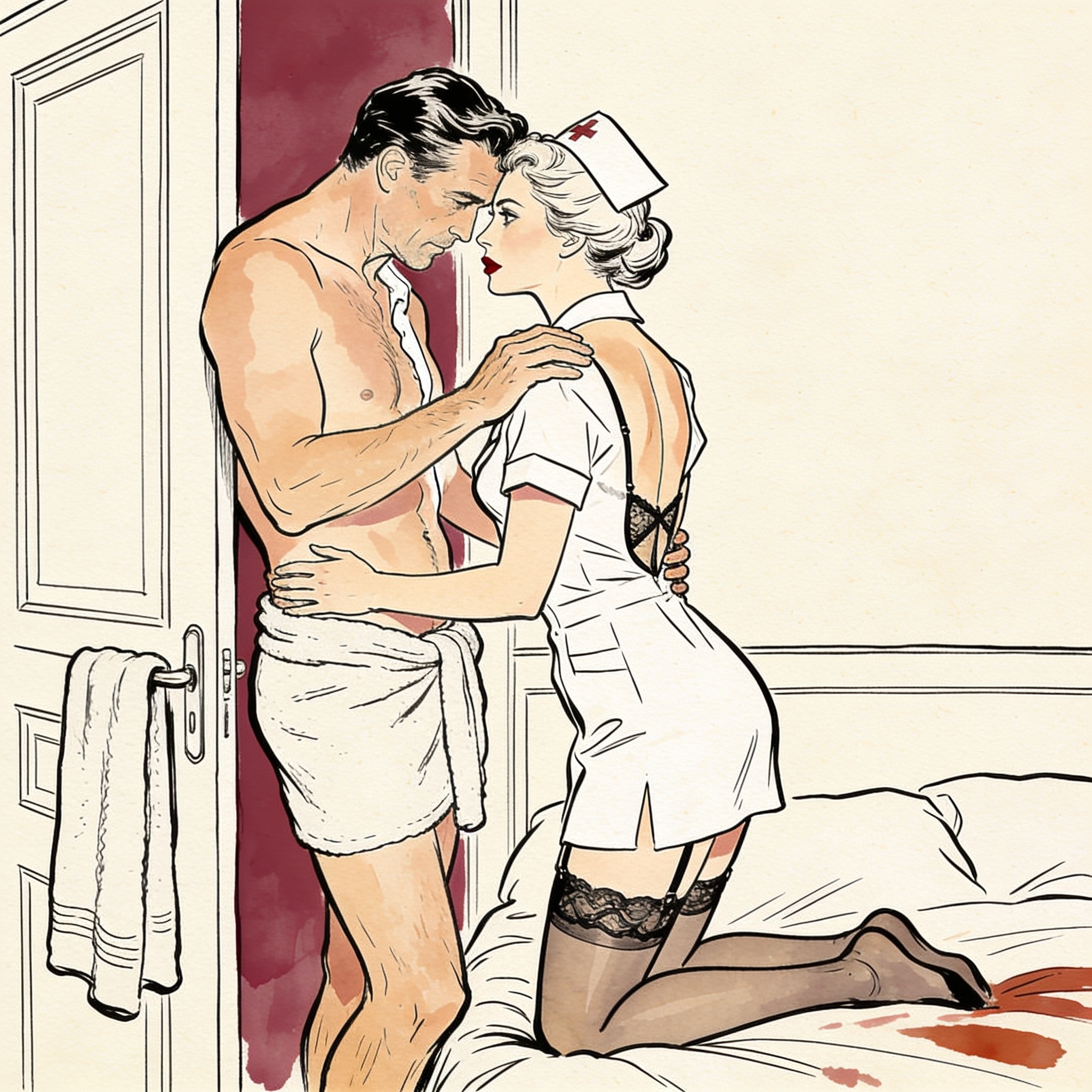 A woman in a nurse uniform kneels on a bed, looking away from a man in a towel leaning ...