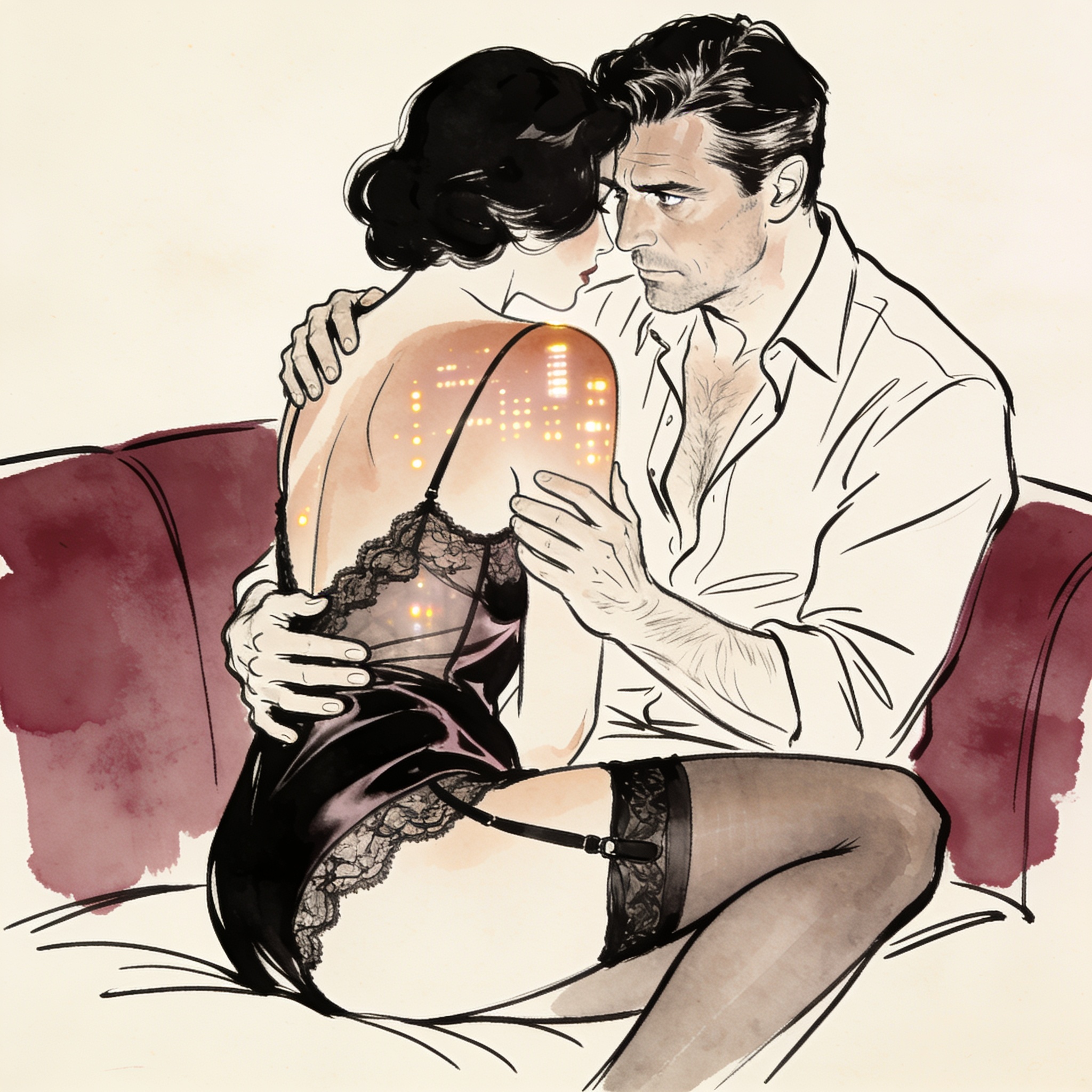 A man watches a woman in lingerie from across a penthouse living room.
