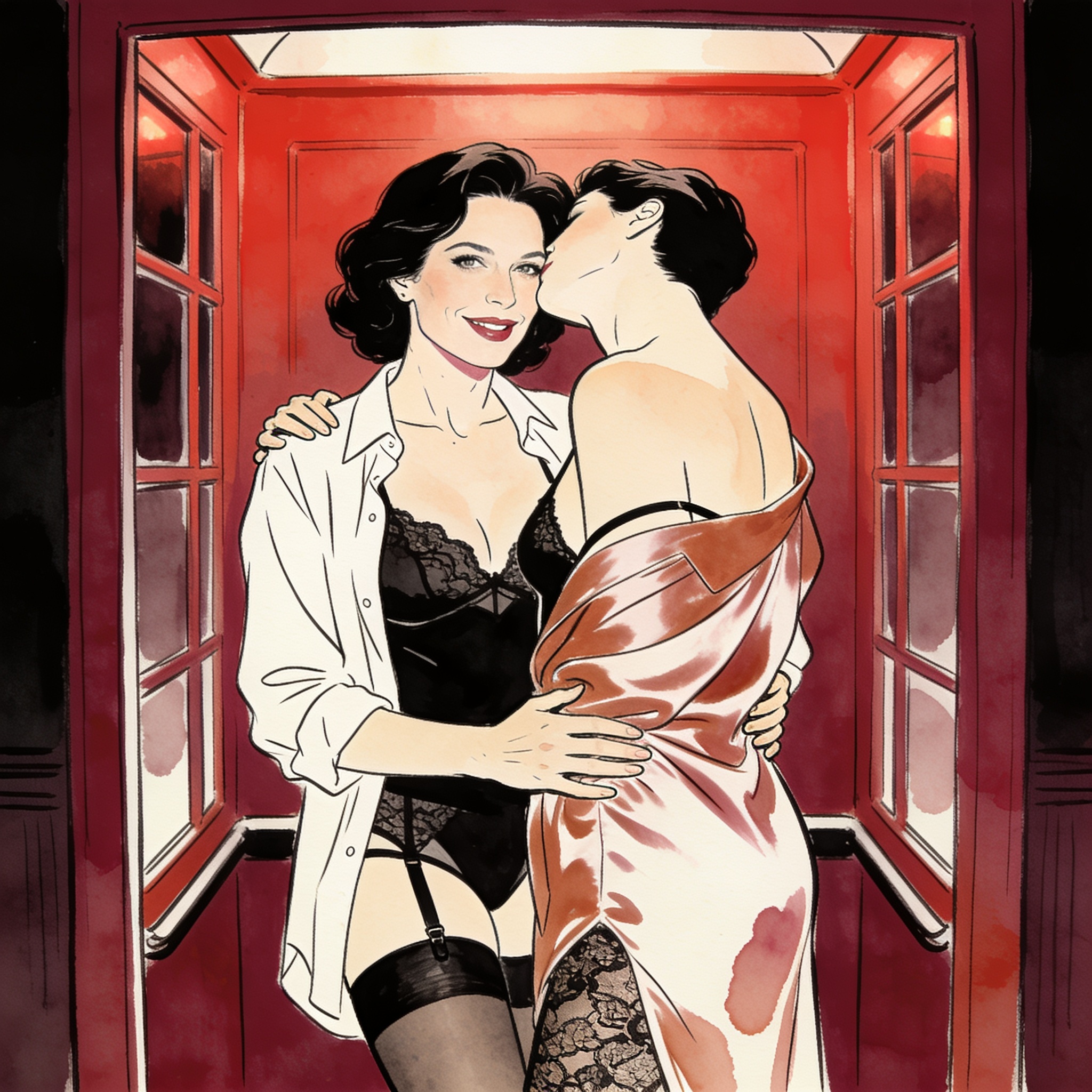 Two women in lingerie share a charged moment in a dim lounge, one gazing out at the vie...