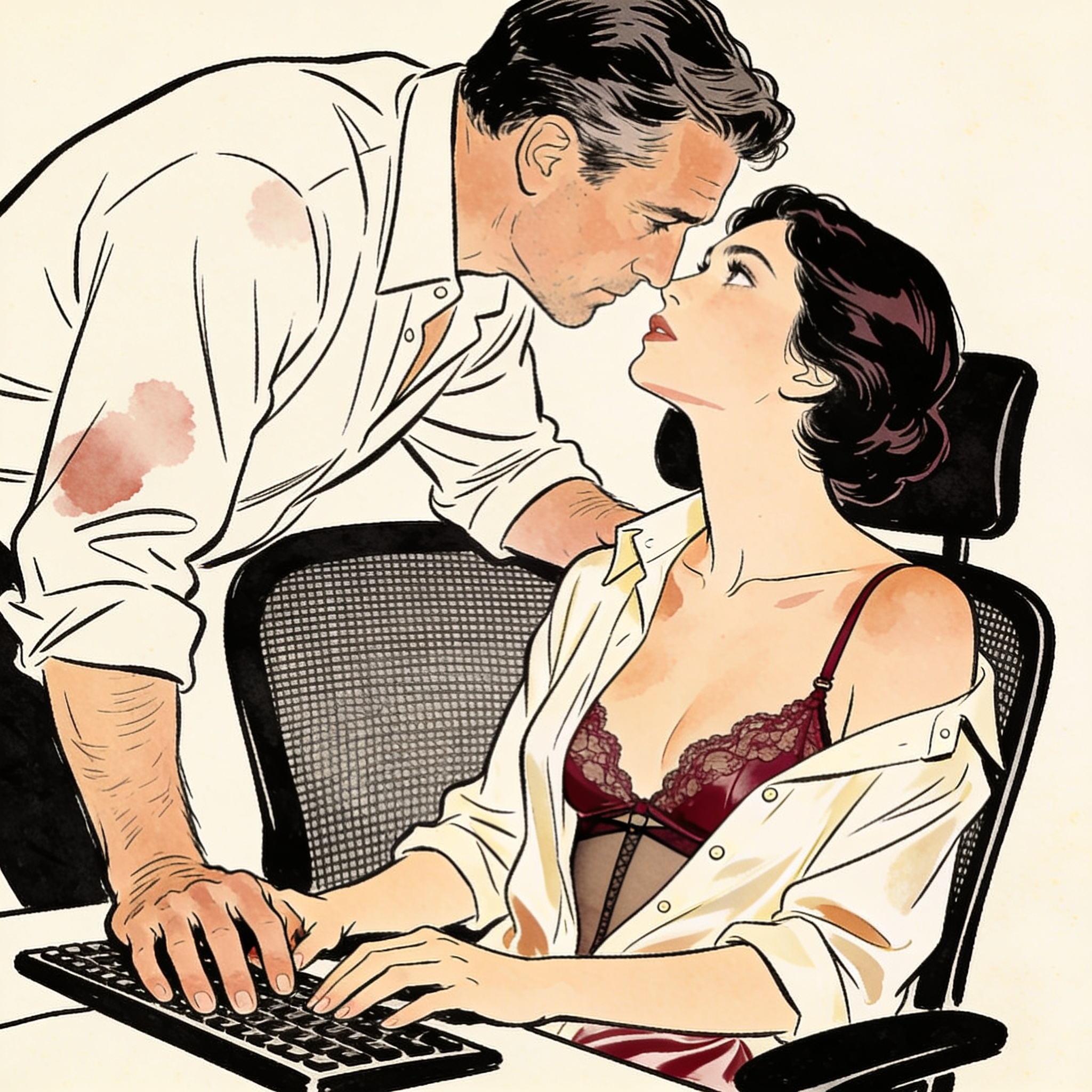 A man leans close to a woman at her desk, a tense, intimate moment of unspoken desire.