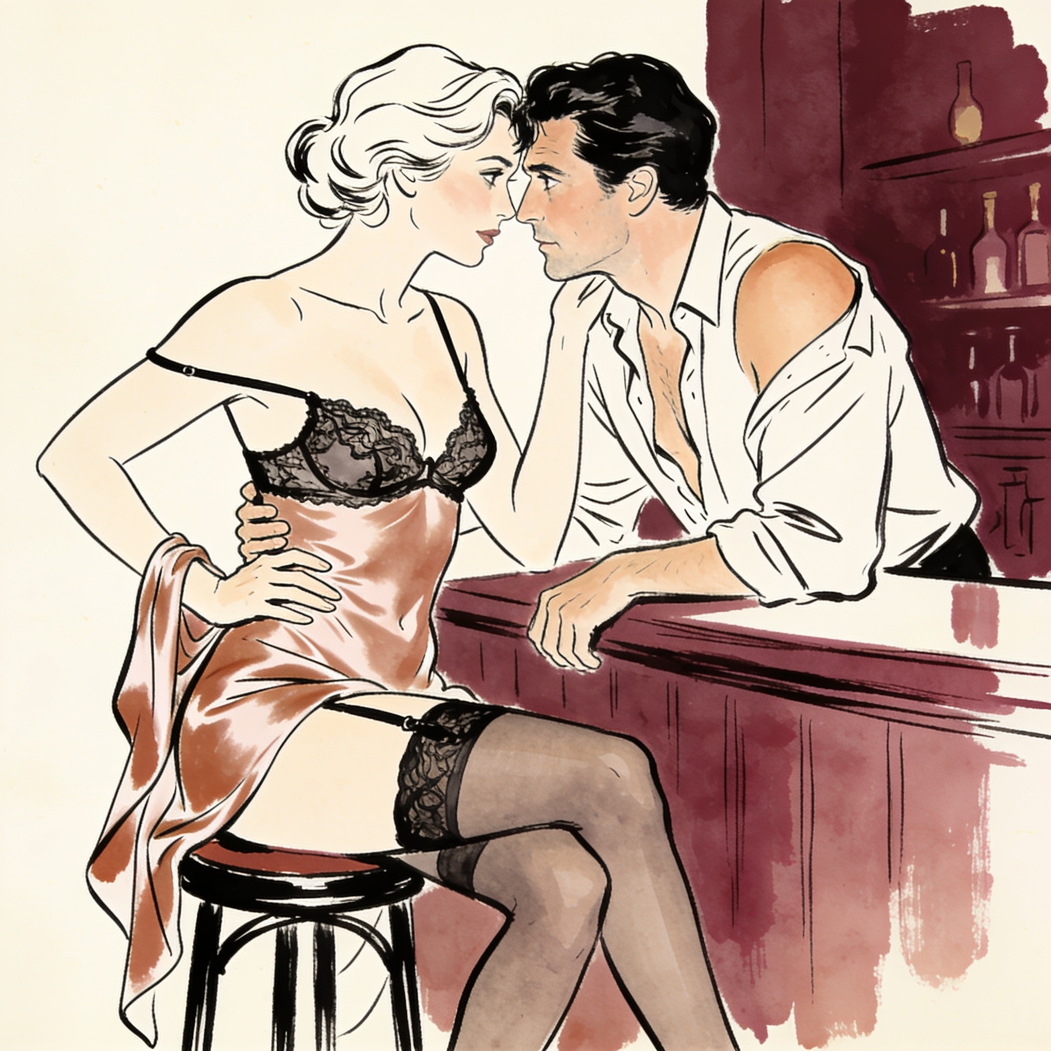 A woman with a slipped shoulder strap meets the intense gaze of a stranger across a dim...