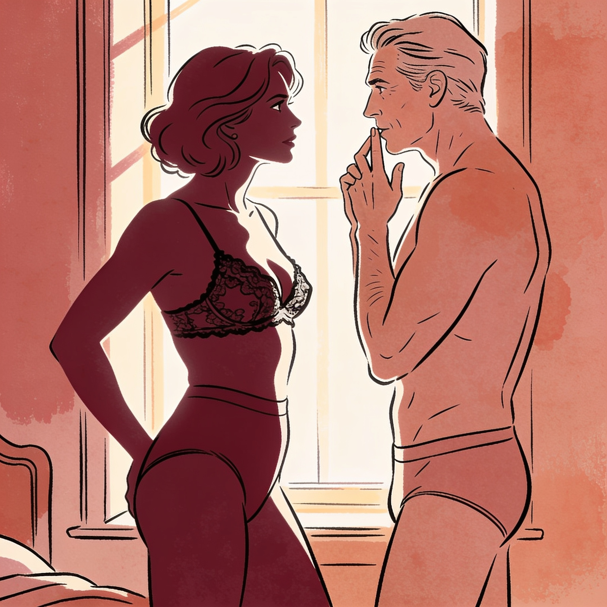 A woman silhouetted against a window gazes intently at a man across a sunlit room.