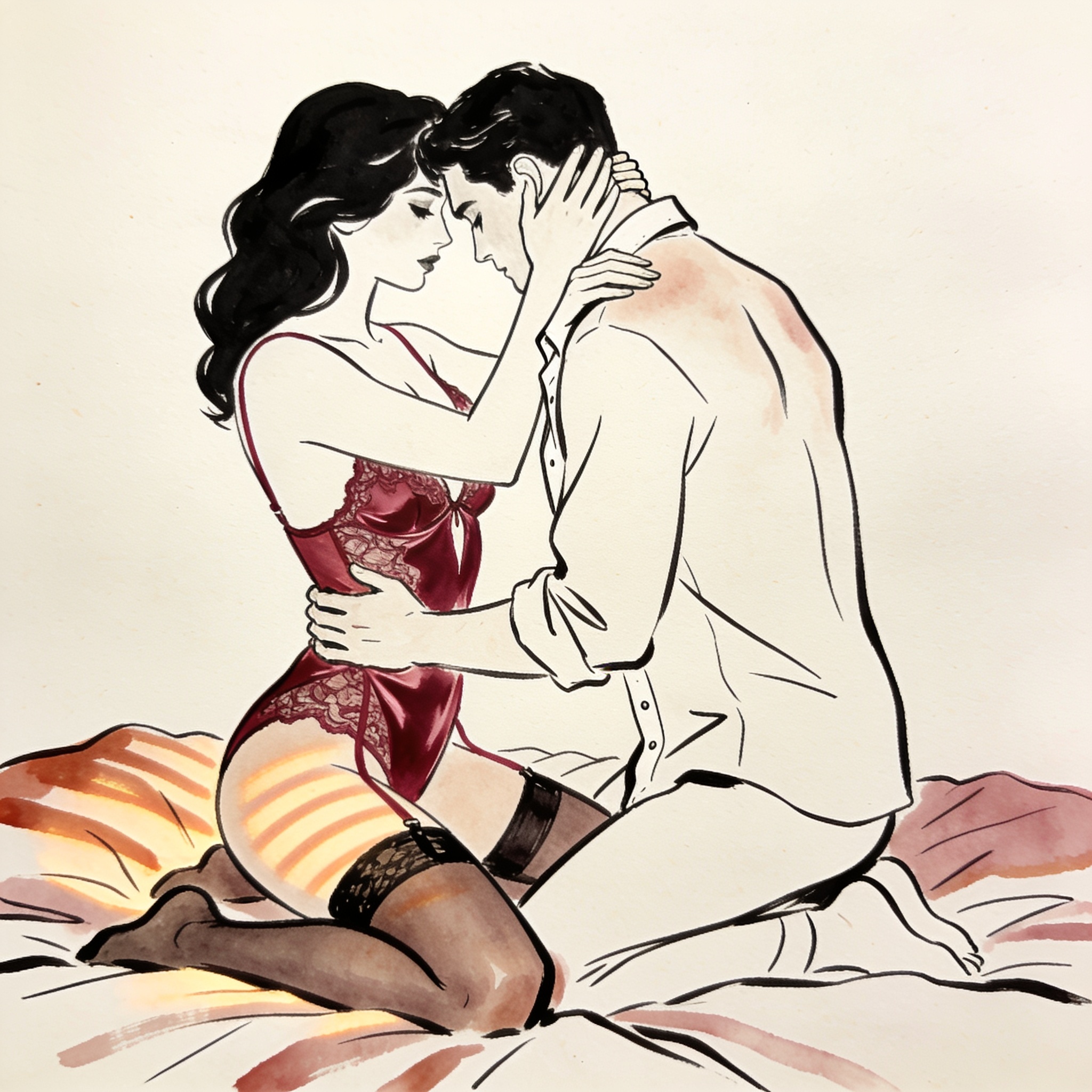 A man kneels before a woman in red lingerie, his head in her hands as she looks down at...