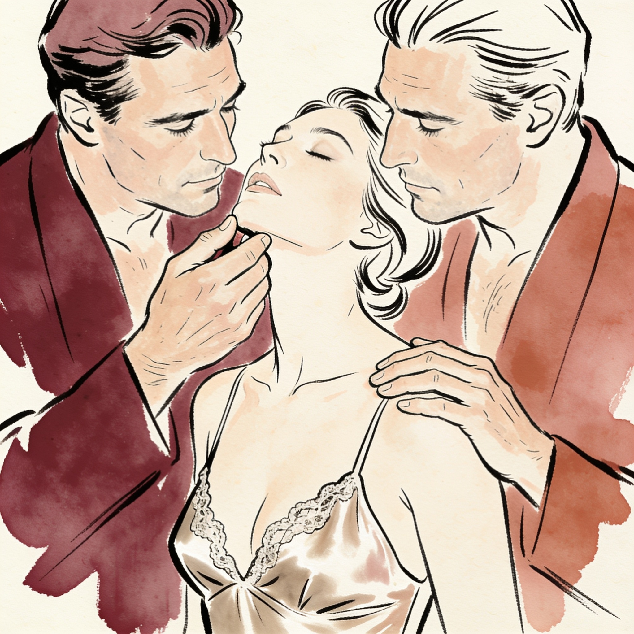 A woman in a silk slip stands between two men, one touching her face, the other her sho...