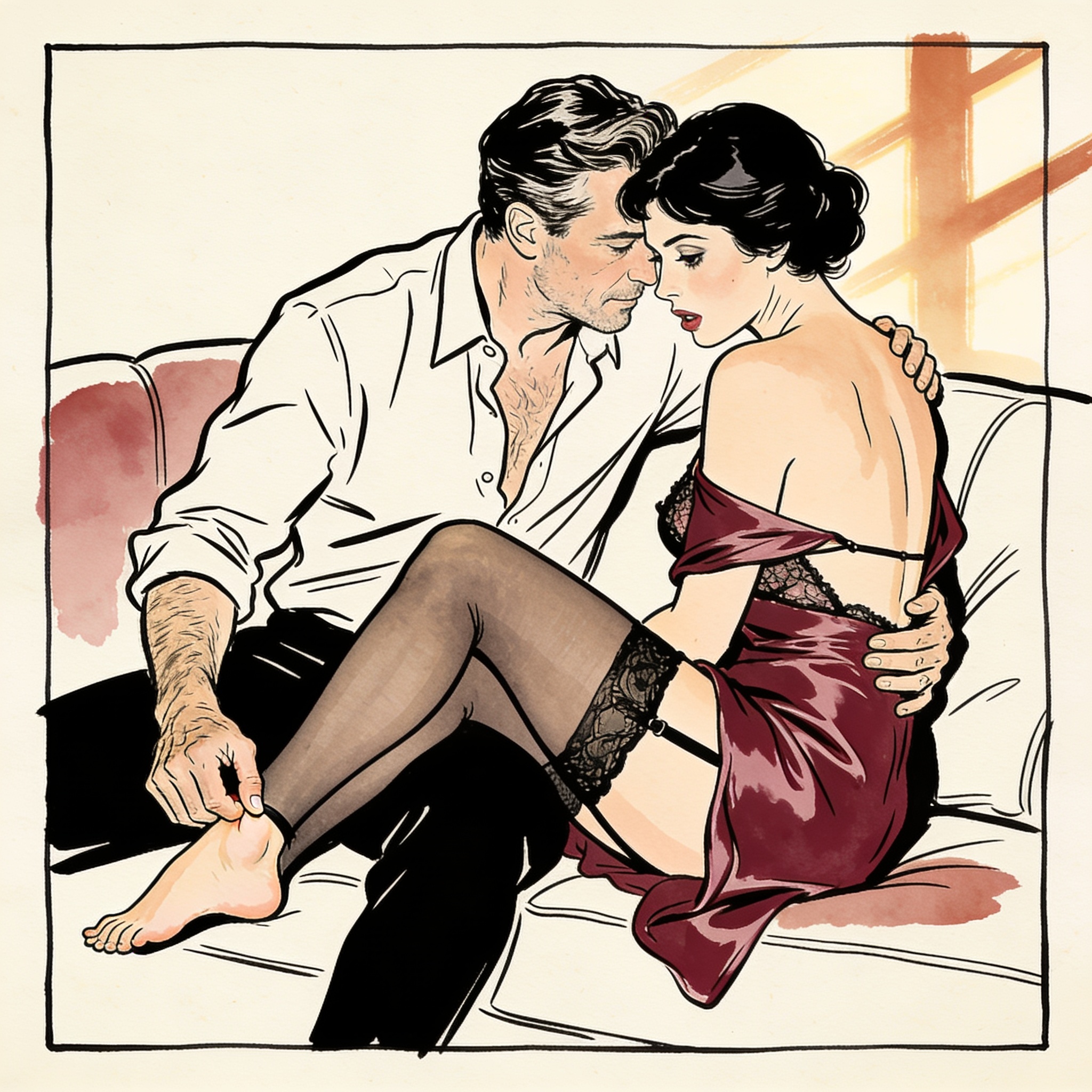 A man tenderly touches a woman's foot as they talk intimately on a sofa.