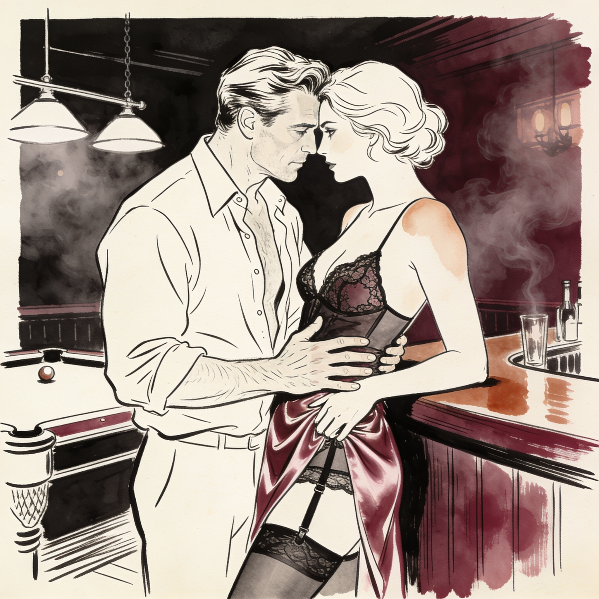 Two people in a dim bar, foreheads close, a charged gaze and a hand on silk.