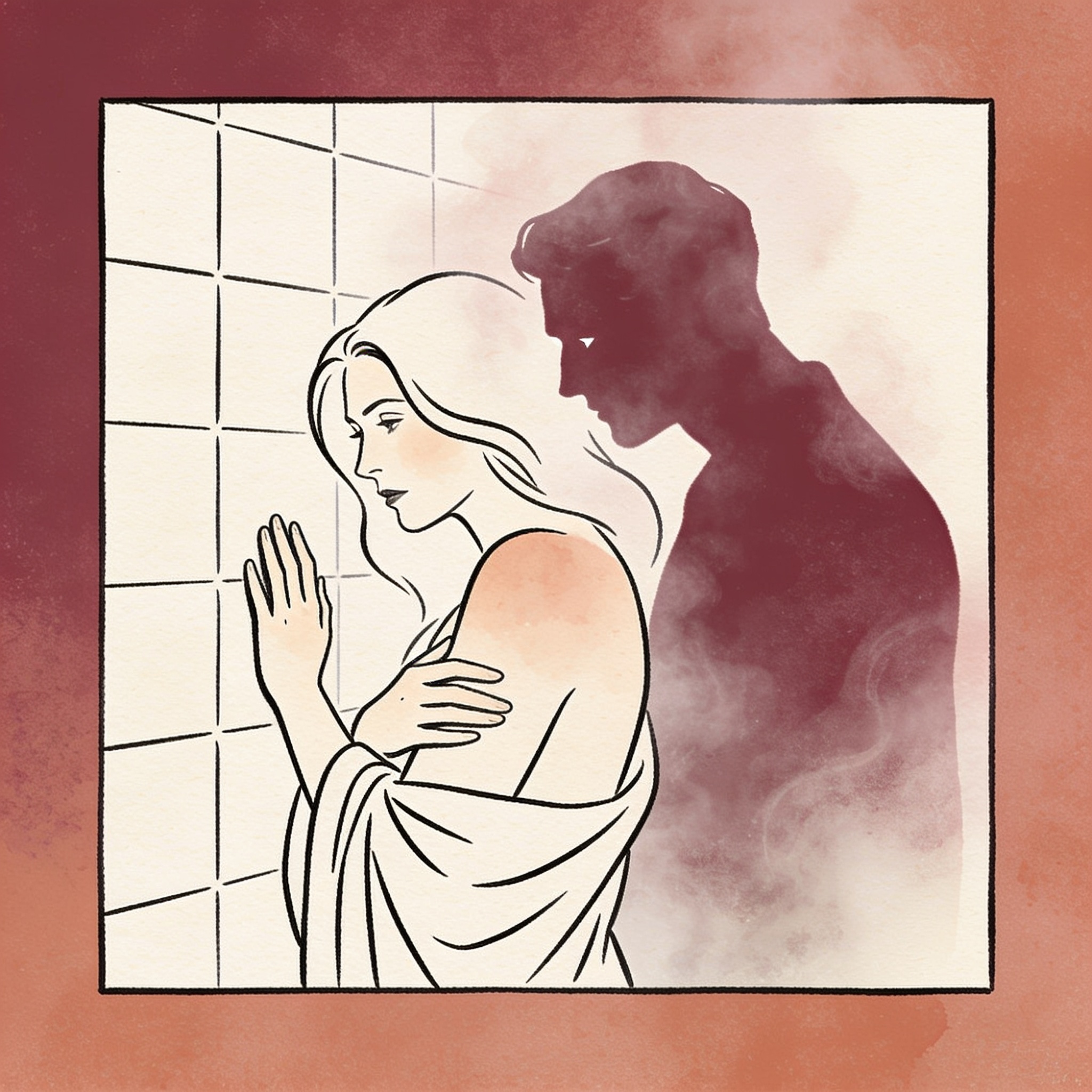A woman's silhouette behind fogged shower glass, a man's shadow watching from outside.