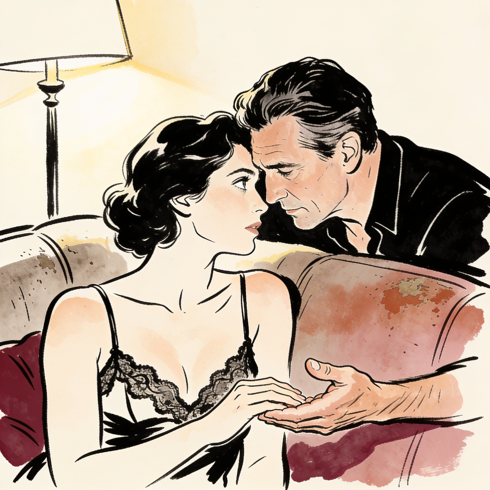 A couple on a sofa, hands almost touching under warm lamplight.