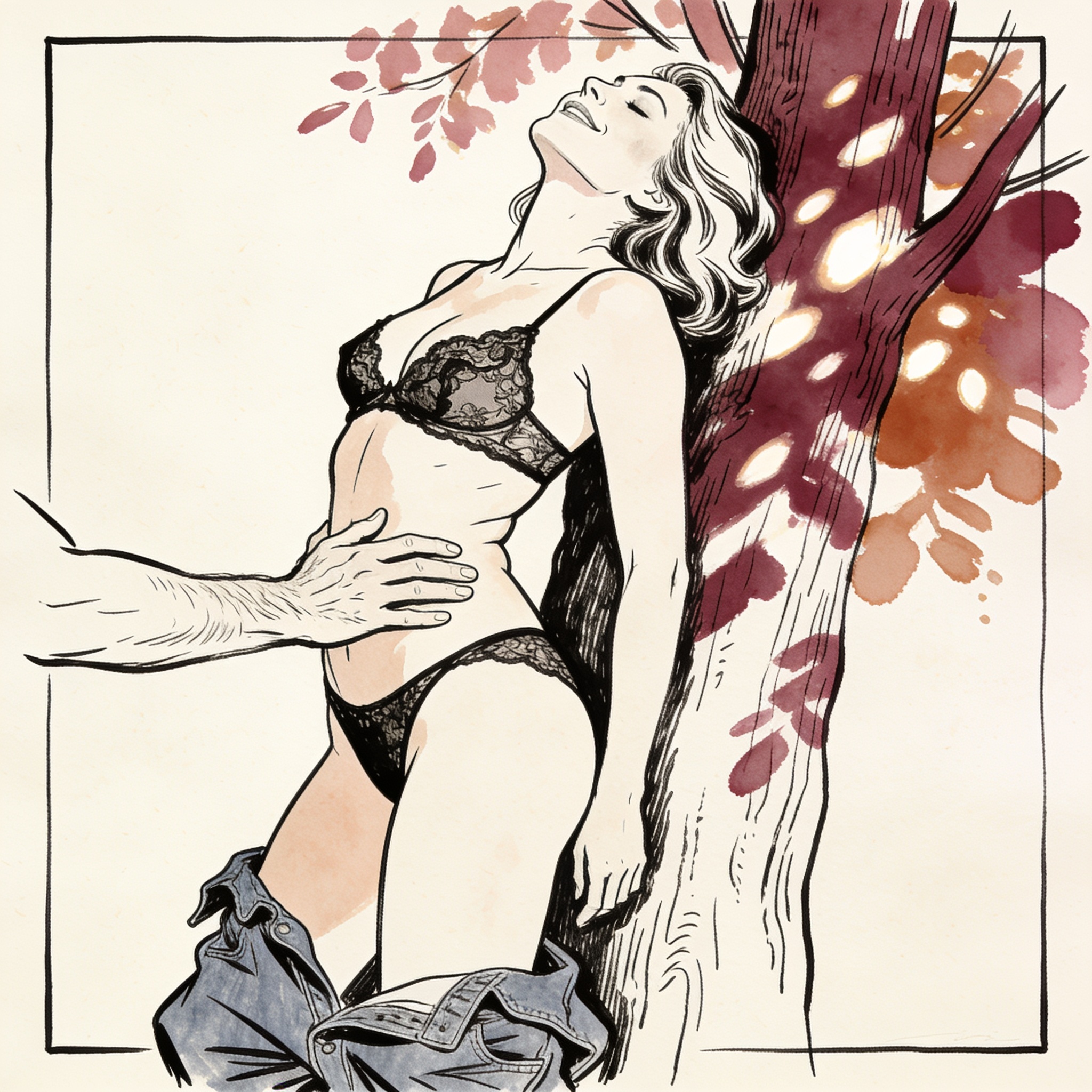 Sensual line art of a couple in an intimate moment against a forest tree.
