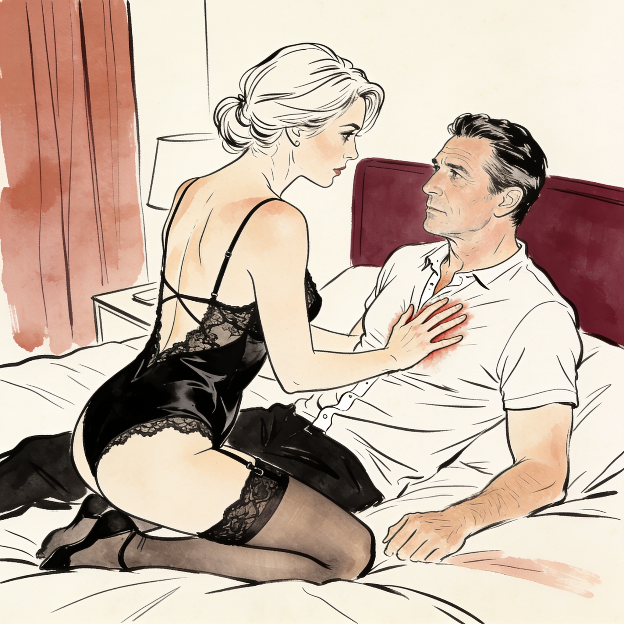 A woman touches a kneeling man's chest, feeling his heartbeat as they share an intimate...
