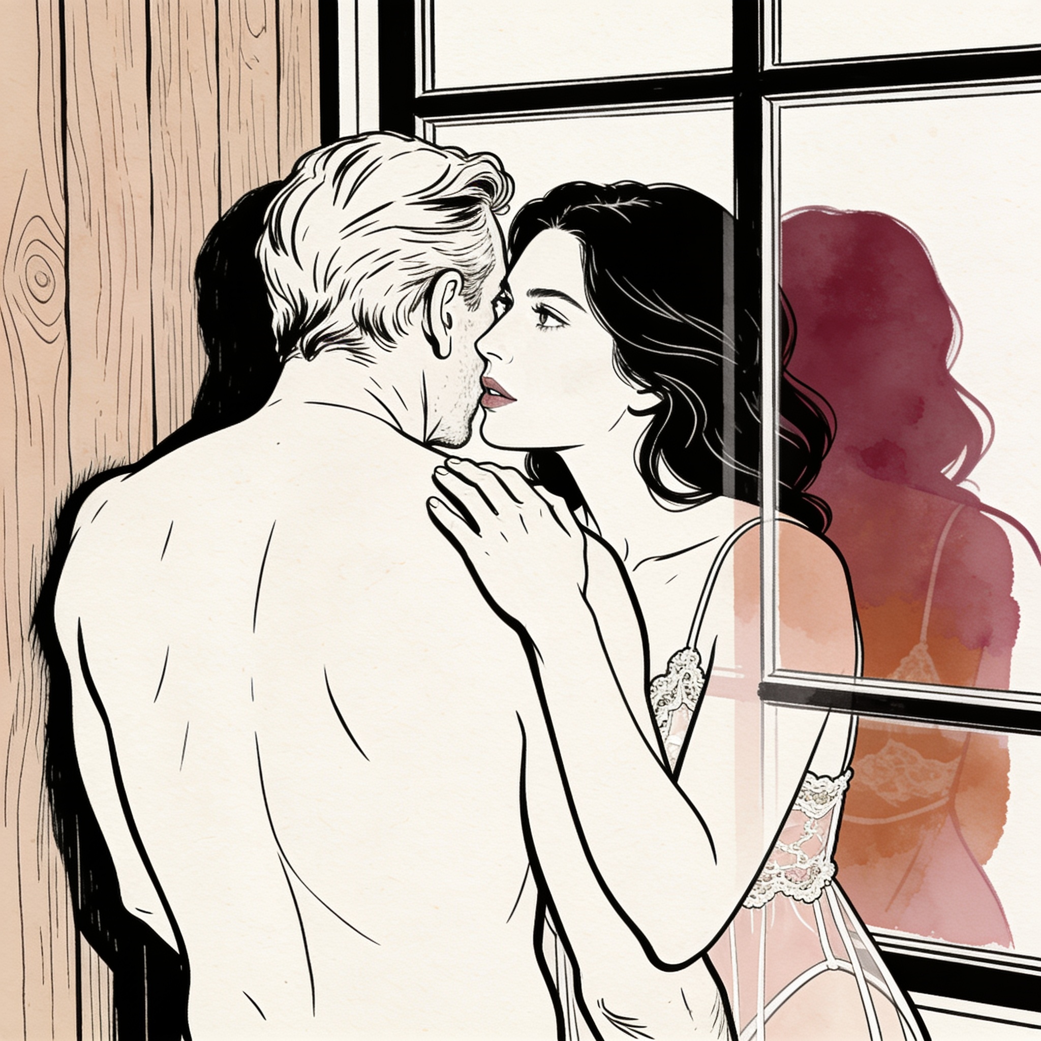 A woman in a lace slip whispers to a man reflected in a window, his back against a wall.