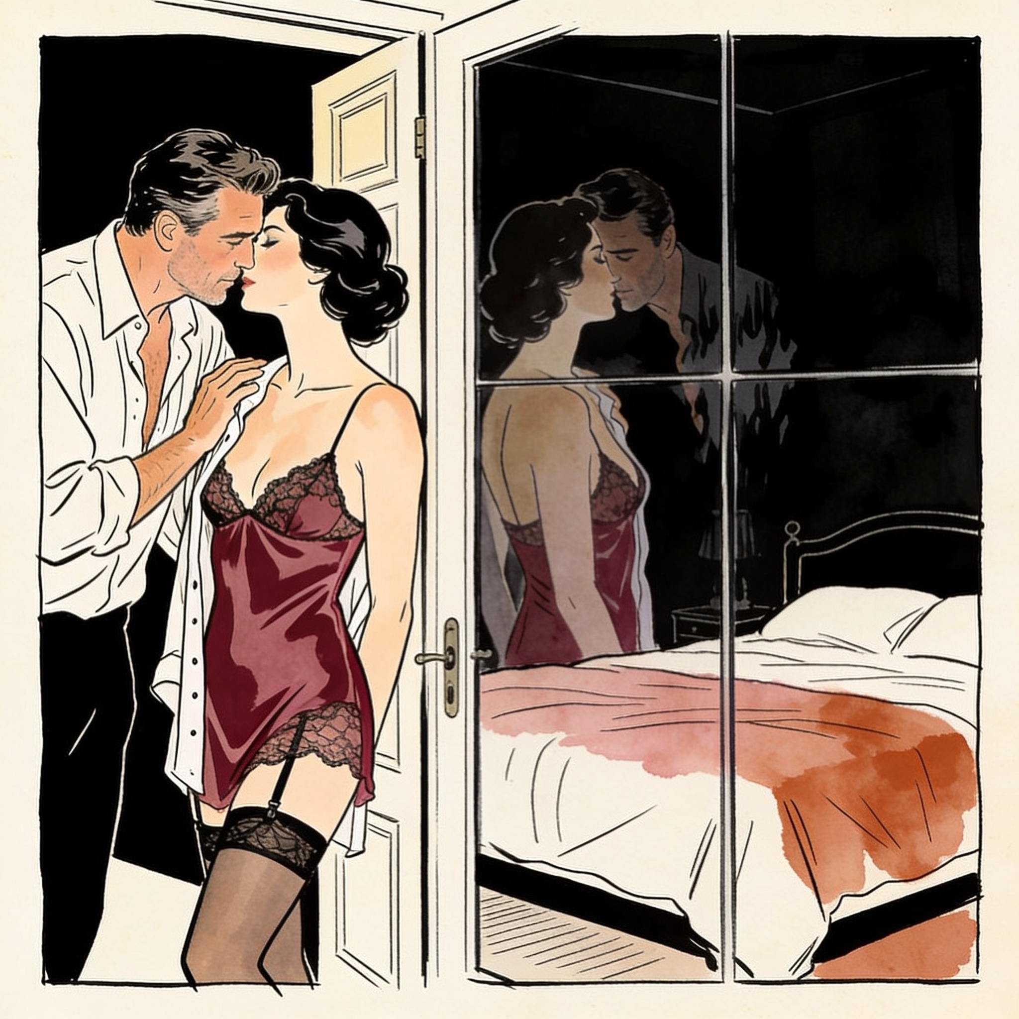 Two figures close in doorway, foreheads almost touching, reflection in glass before a bed.