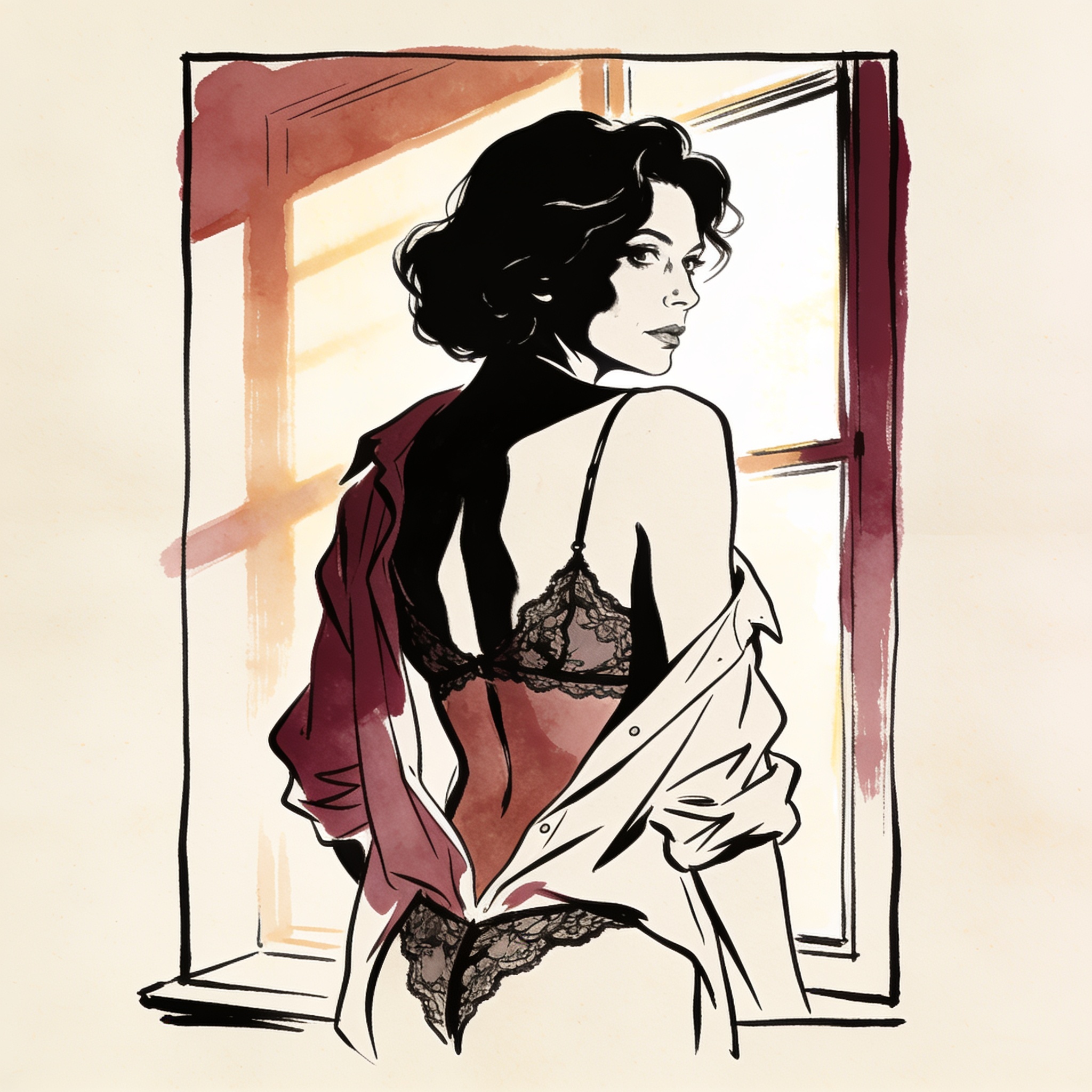 A woman in an unbuttoned shirt looks over her shoulder, her expression tense with unspo...