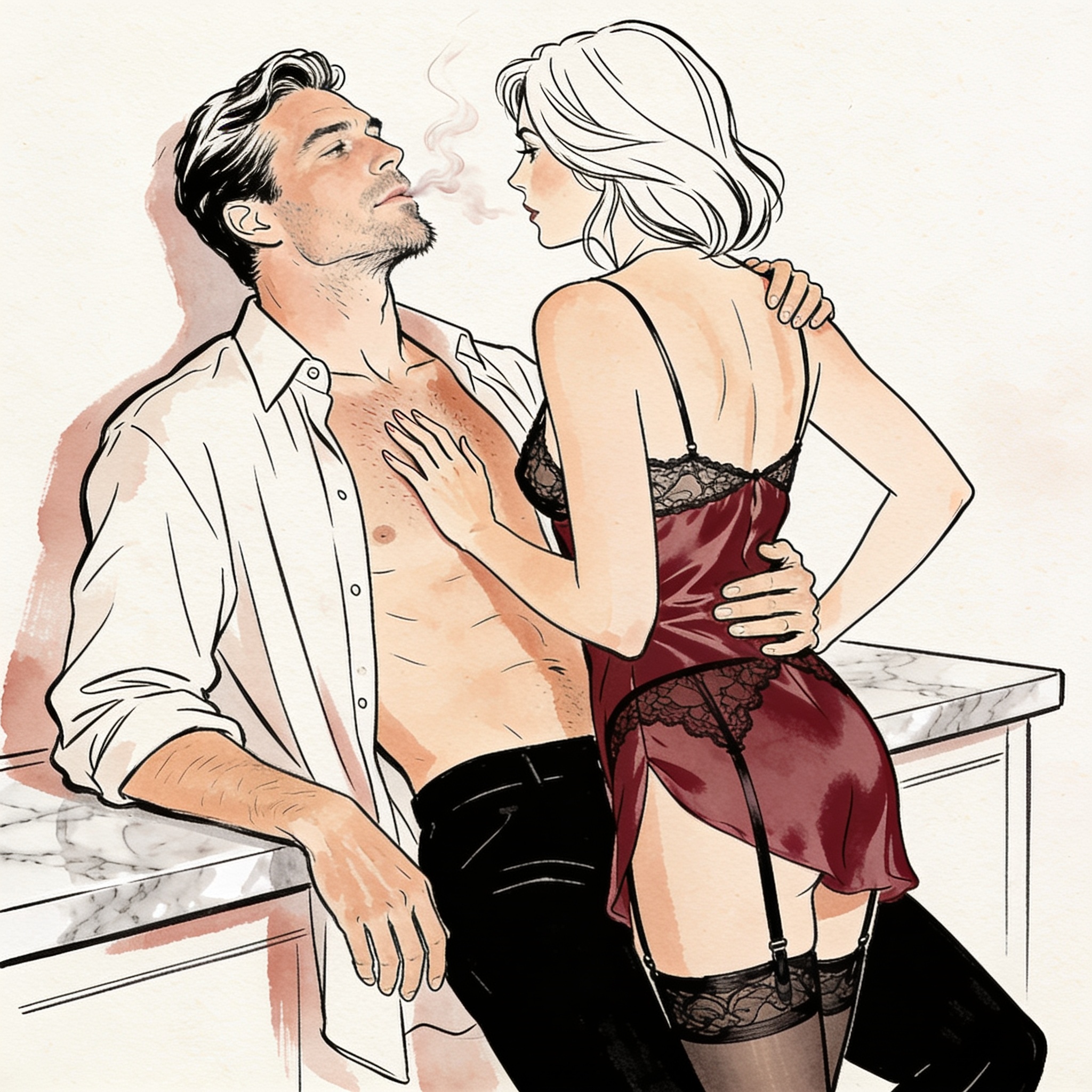 Two figures in intimate pose against a marble counter, fingers tracing bare skin.