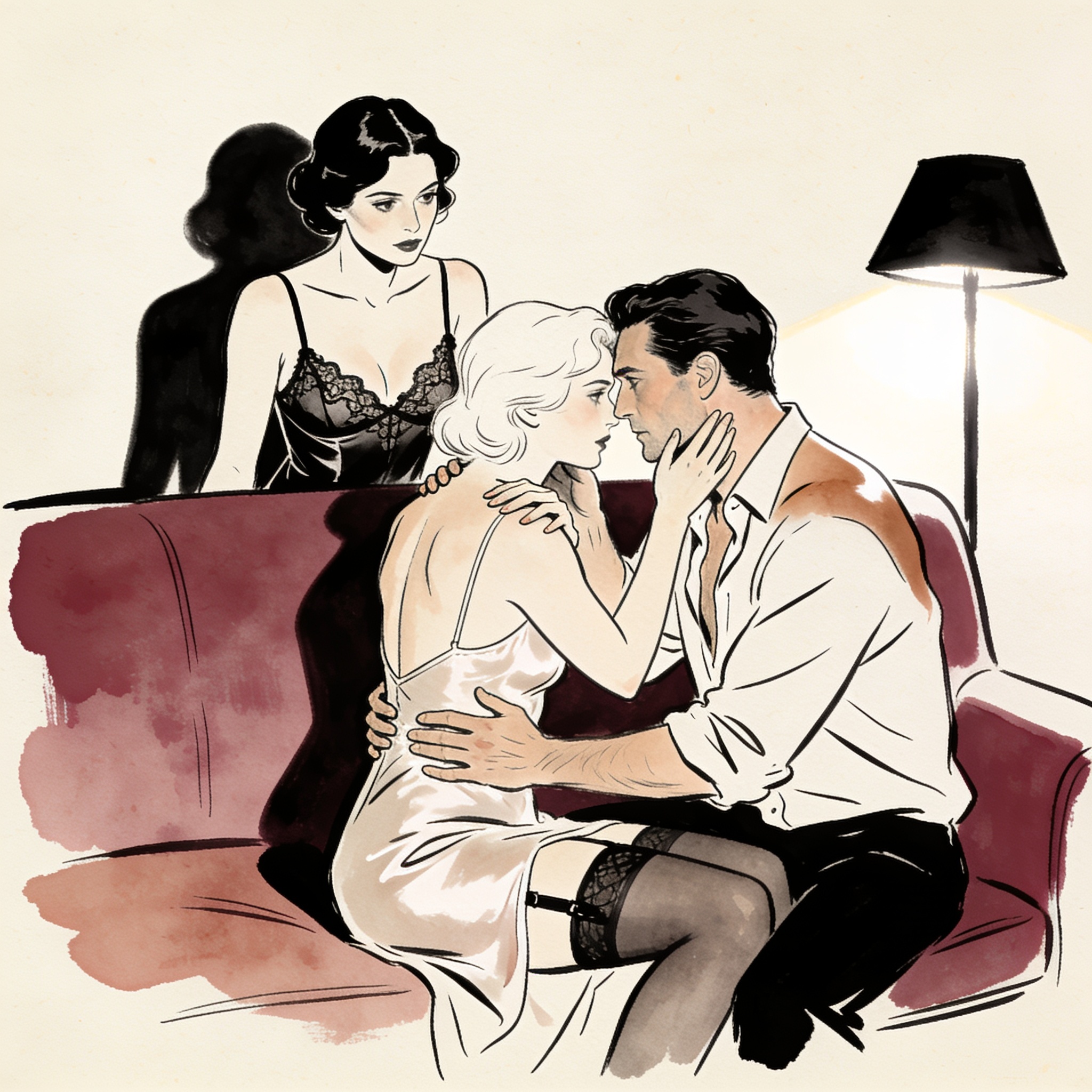 A couple orchestrates an intimate gift, hands touching a chin in a dim room.