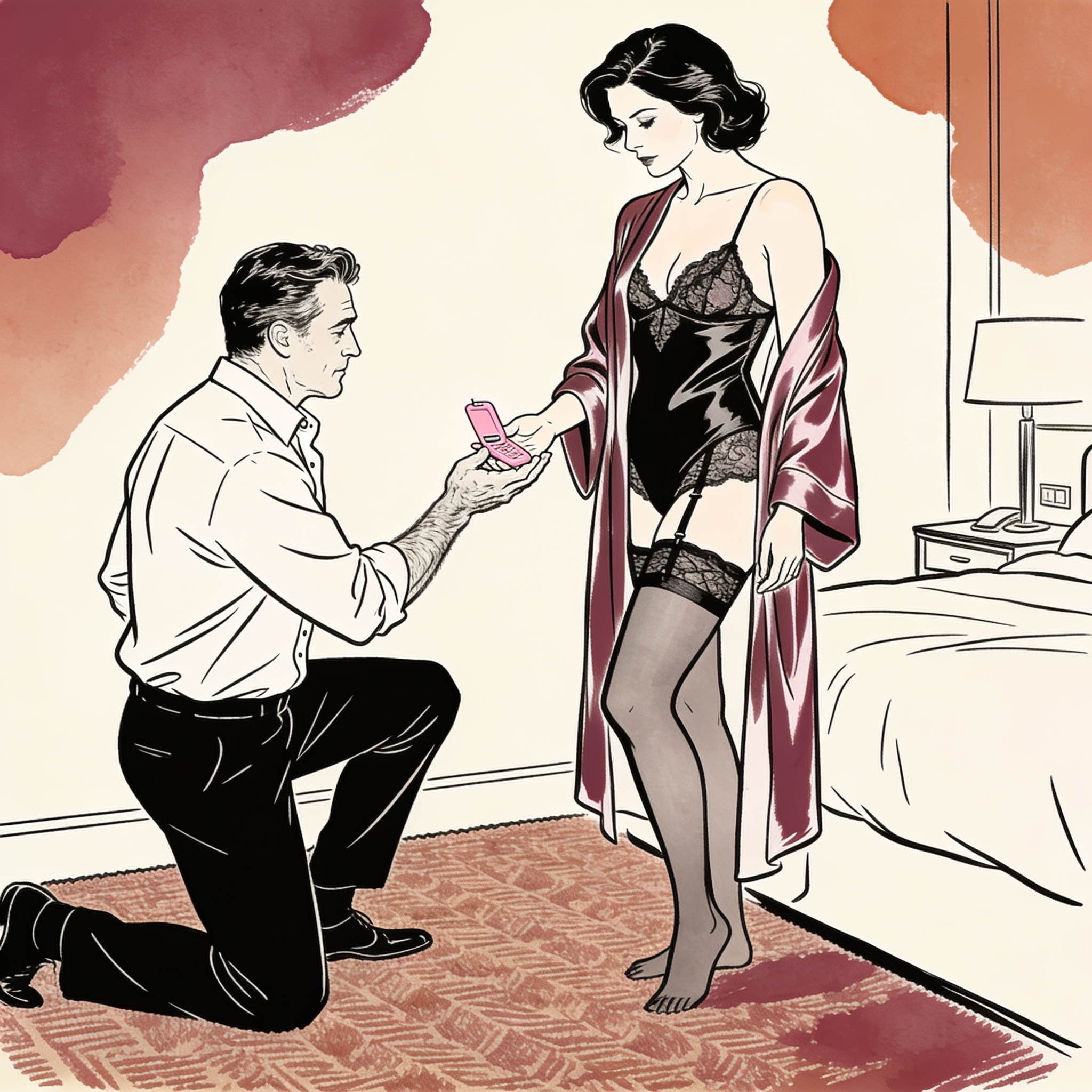 A woman accepts a small object from a kneeling man's hand in a sleek hotel room.