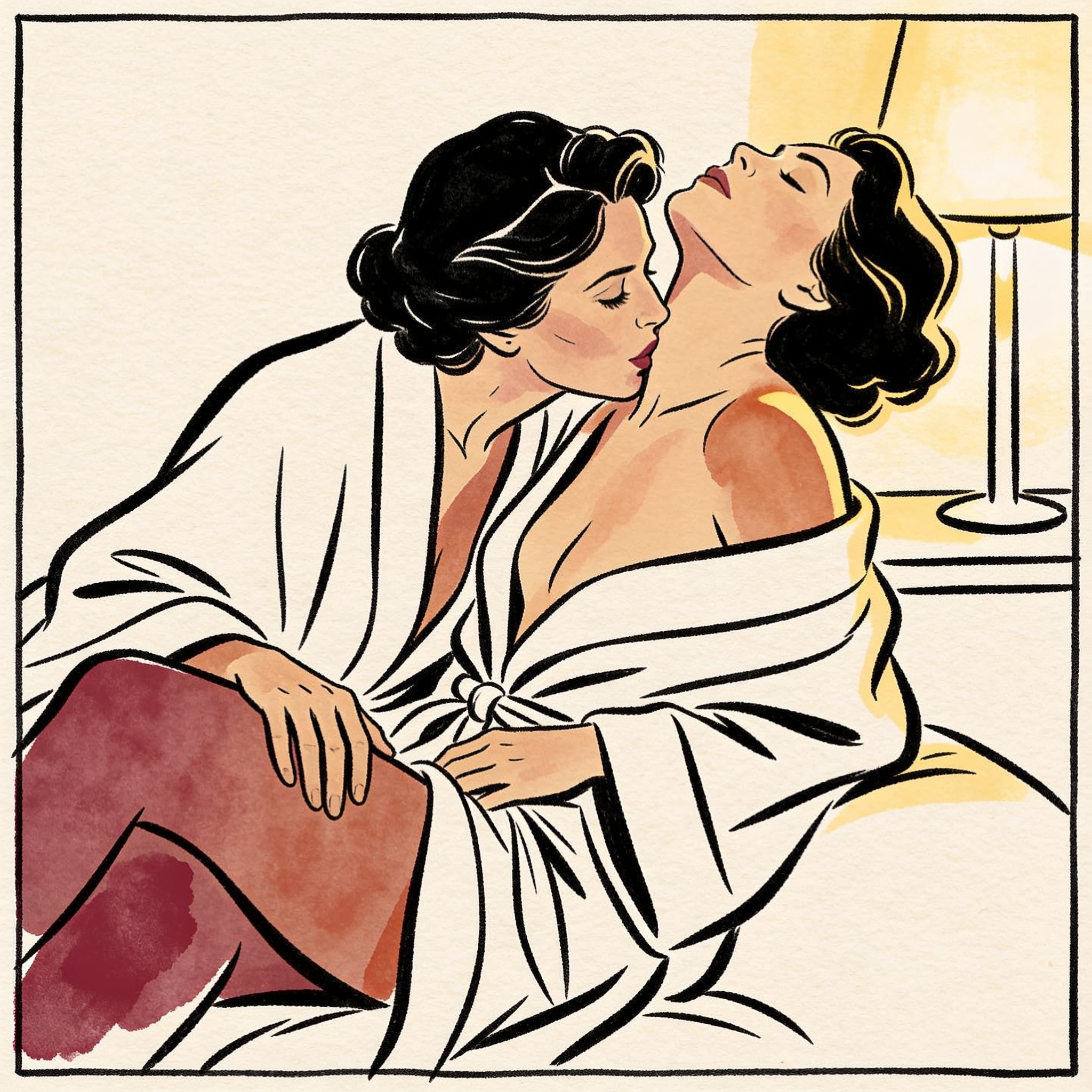 Two women embrace intimately, one kissing the other's shoulder in lamplit room.