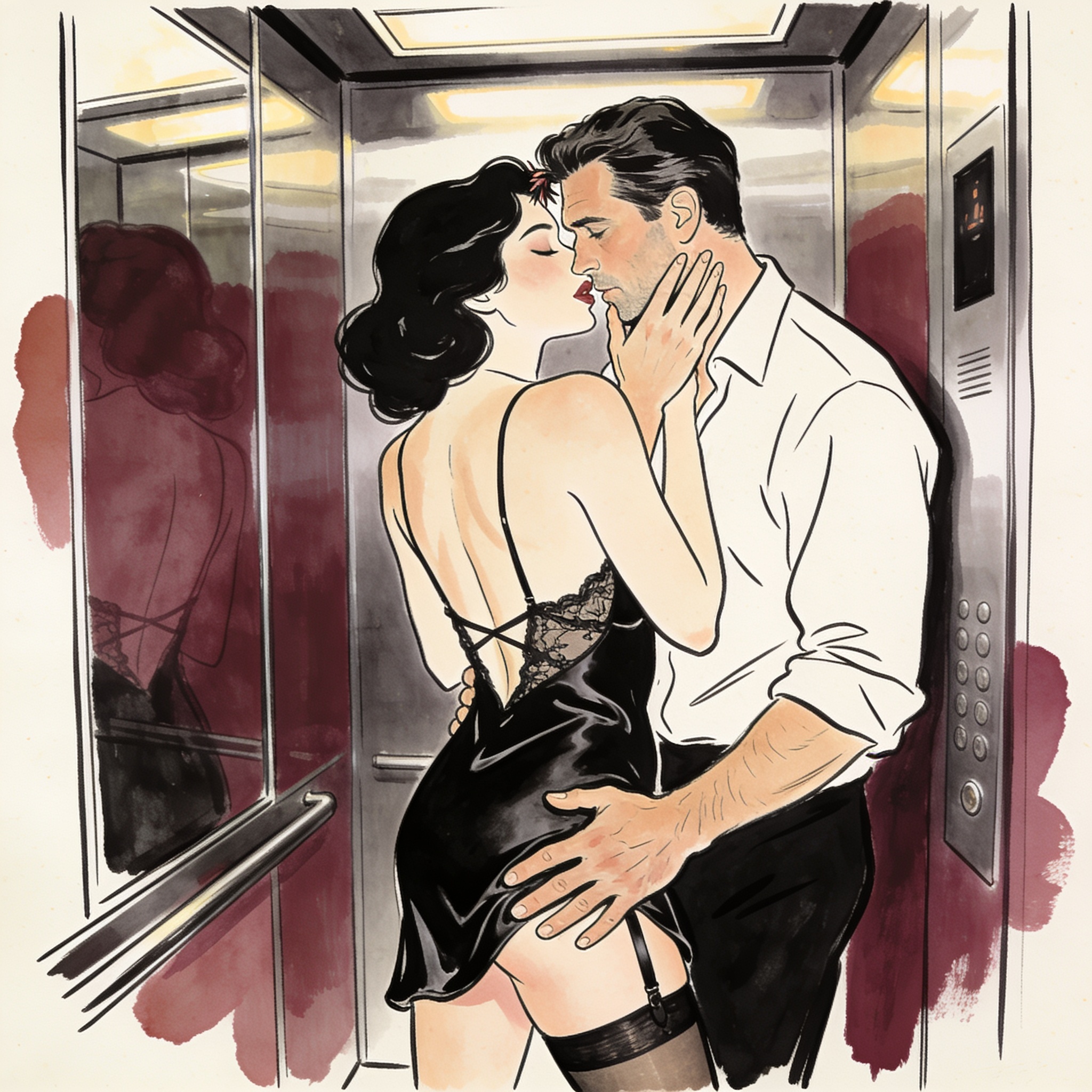 A couple intimately close in an elevator; his hand on her thigh, guiding her face towar...