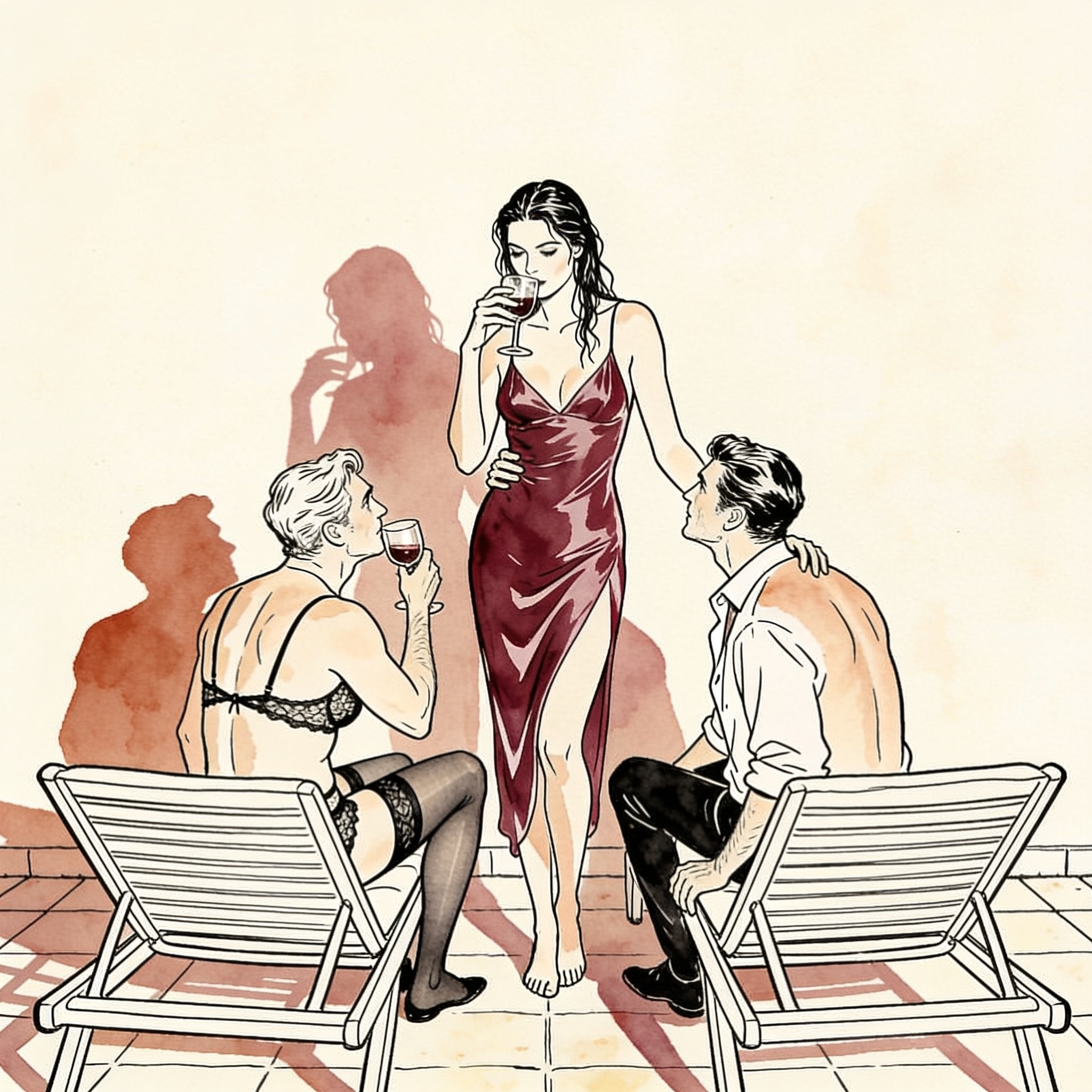 A woman in a sundress captivates two men by a sun-drenched pool.