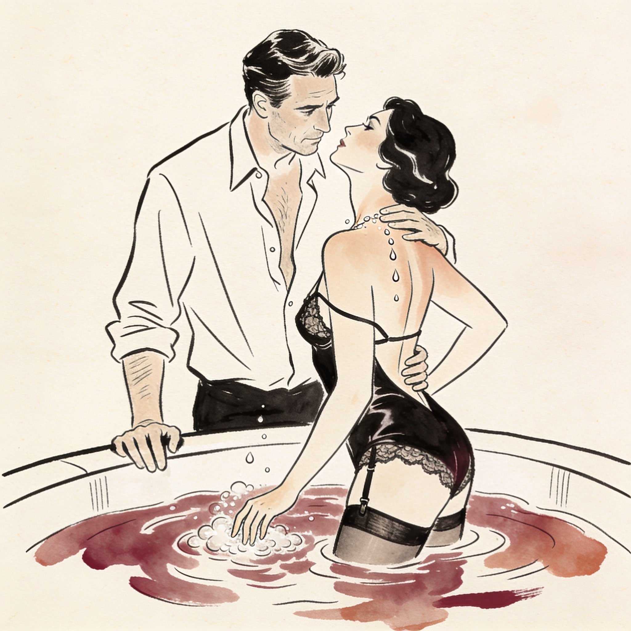 A man watches a woman in a hot tub, her hand drifting under the water as he gazes at her.