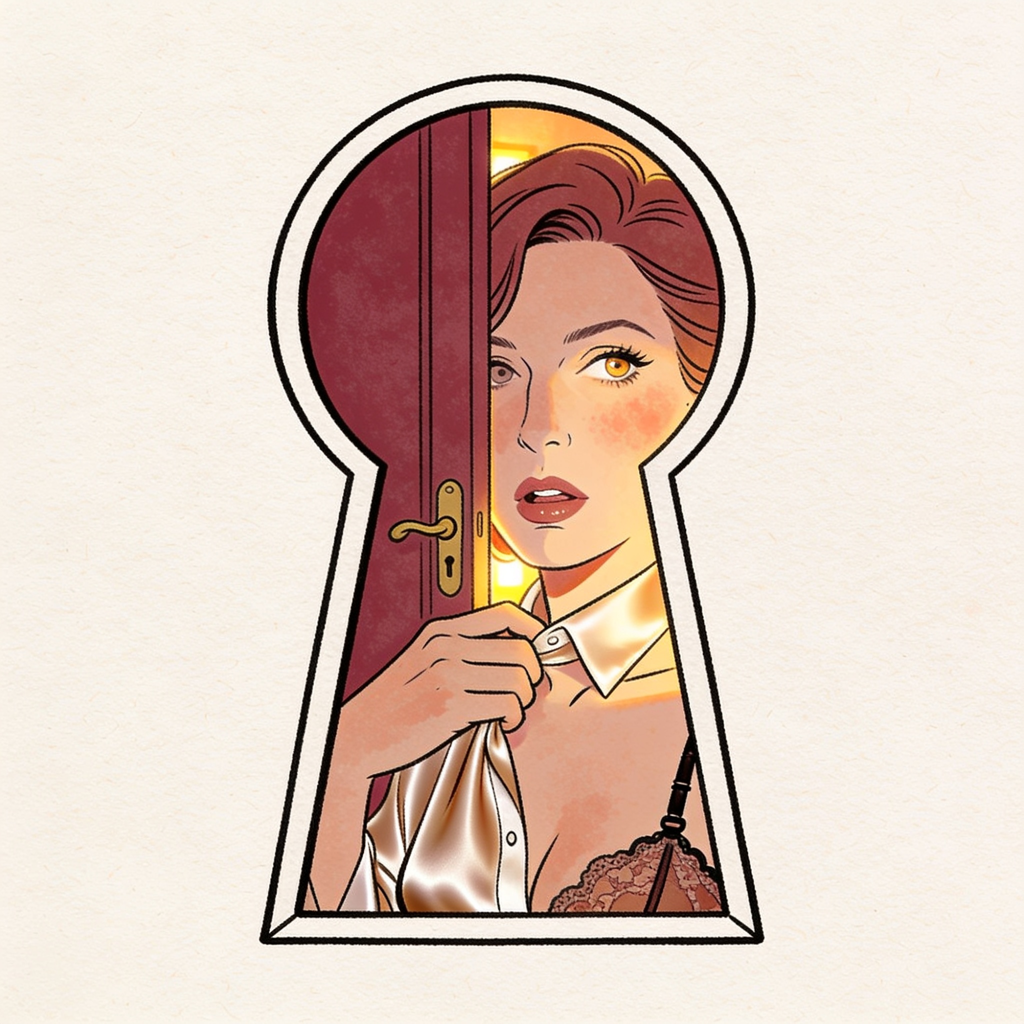 Woman's face lit through a keyhole, eyes wide with desire, hand on her collarbone.