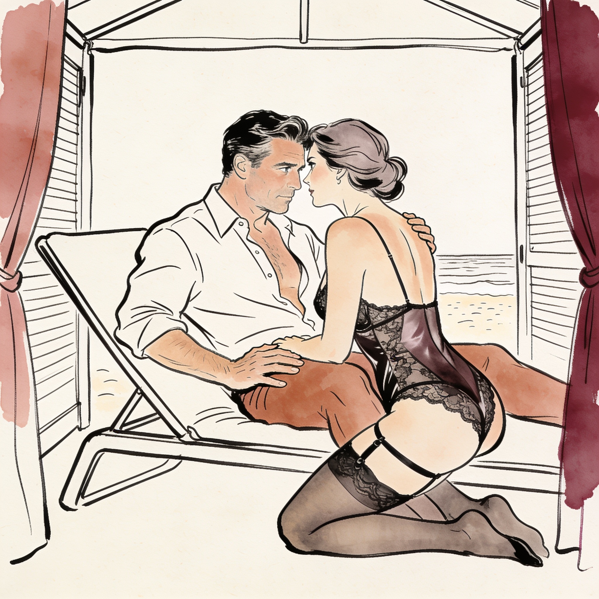A couple in a private cabana share an intense, charged gaze, bodies close in a moment o...