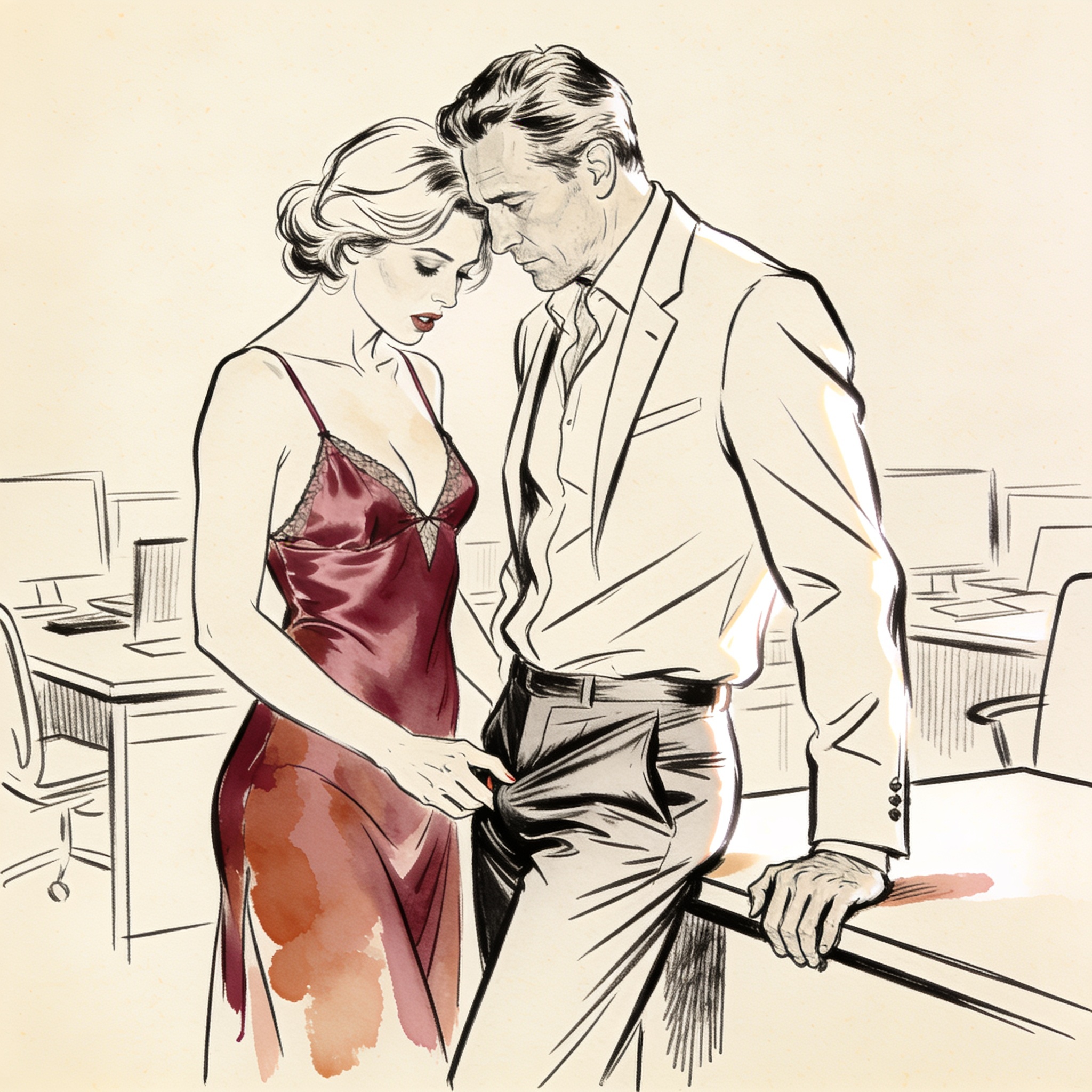 A man leans over a woman's desk, their faces close, tension in their stilled hands and ...