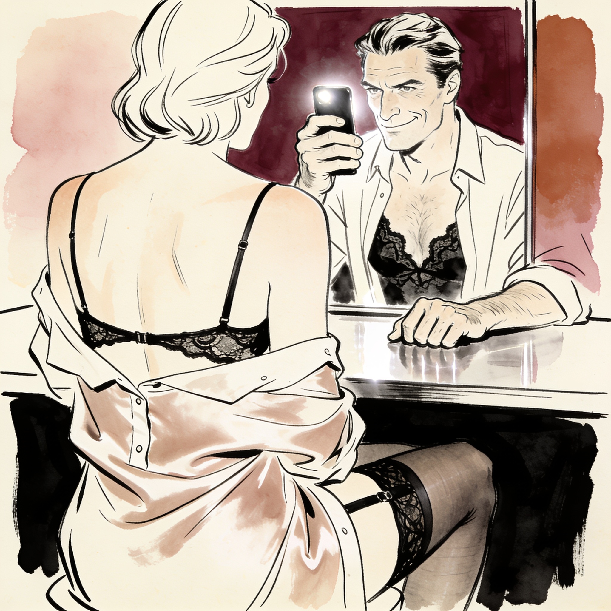 Man smirks at his phone reflecting an intimate photo in a stark break room.