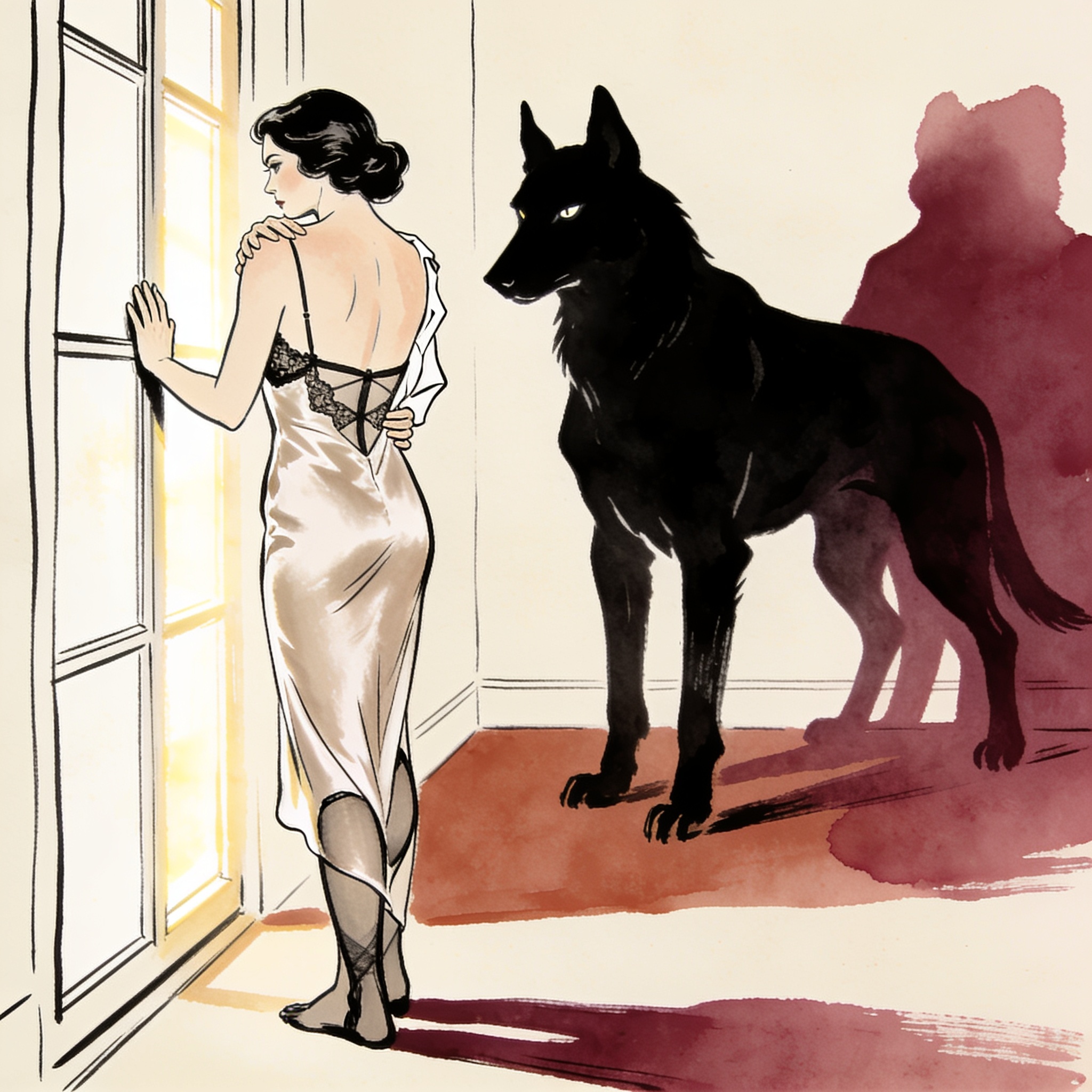 A woman in a slip faces a large, watchful dog in a sunlit room.