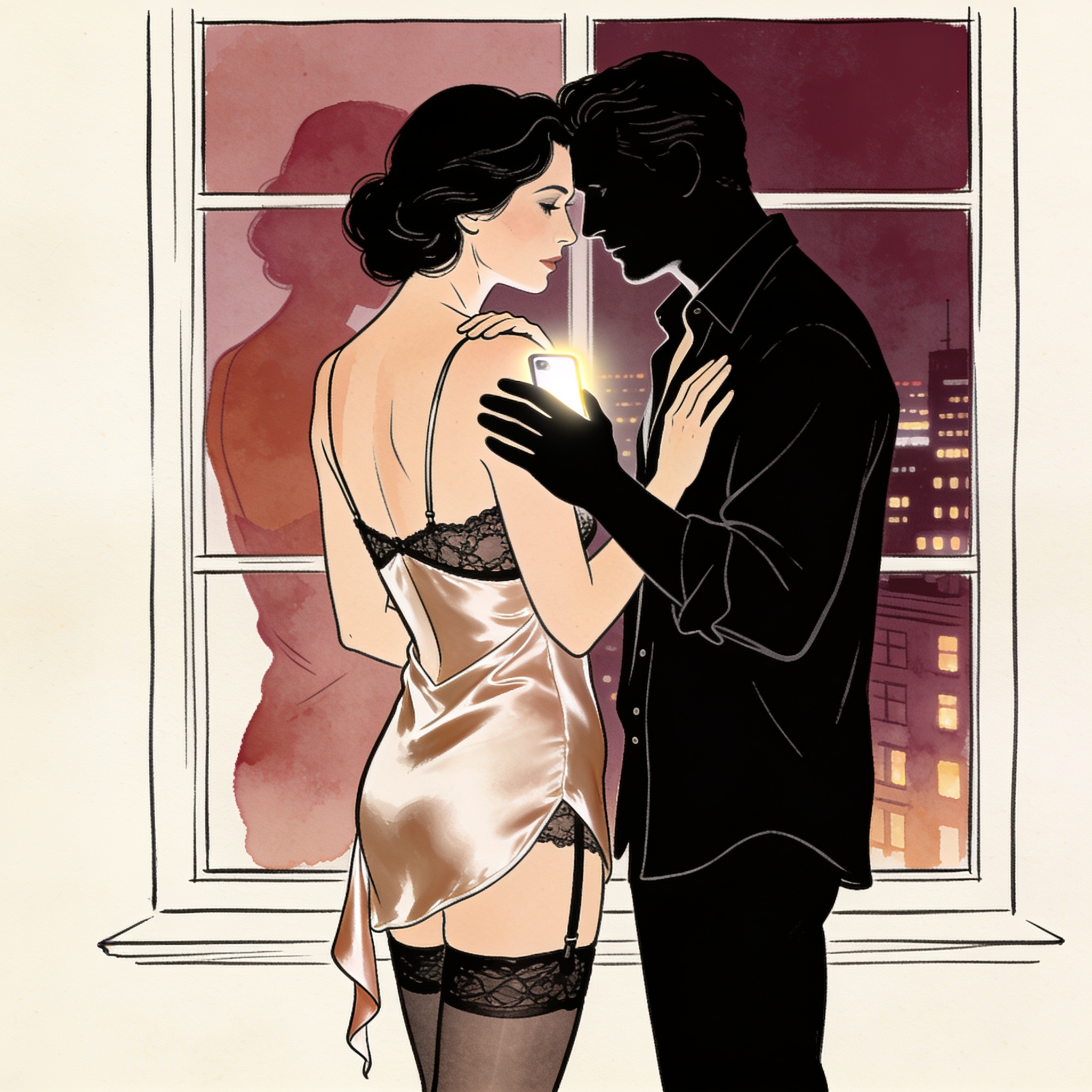 A couple's intimate reflection in a window, a phone lights the scene.