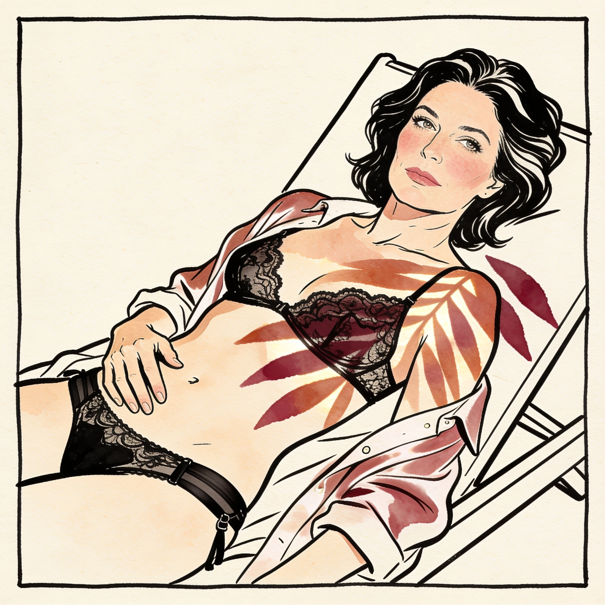 Line art of a woman in lingerie on a lounger, returning a charged, intimate gaze.