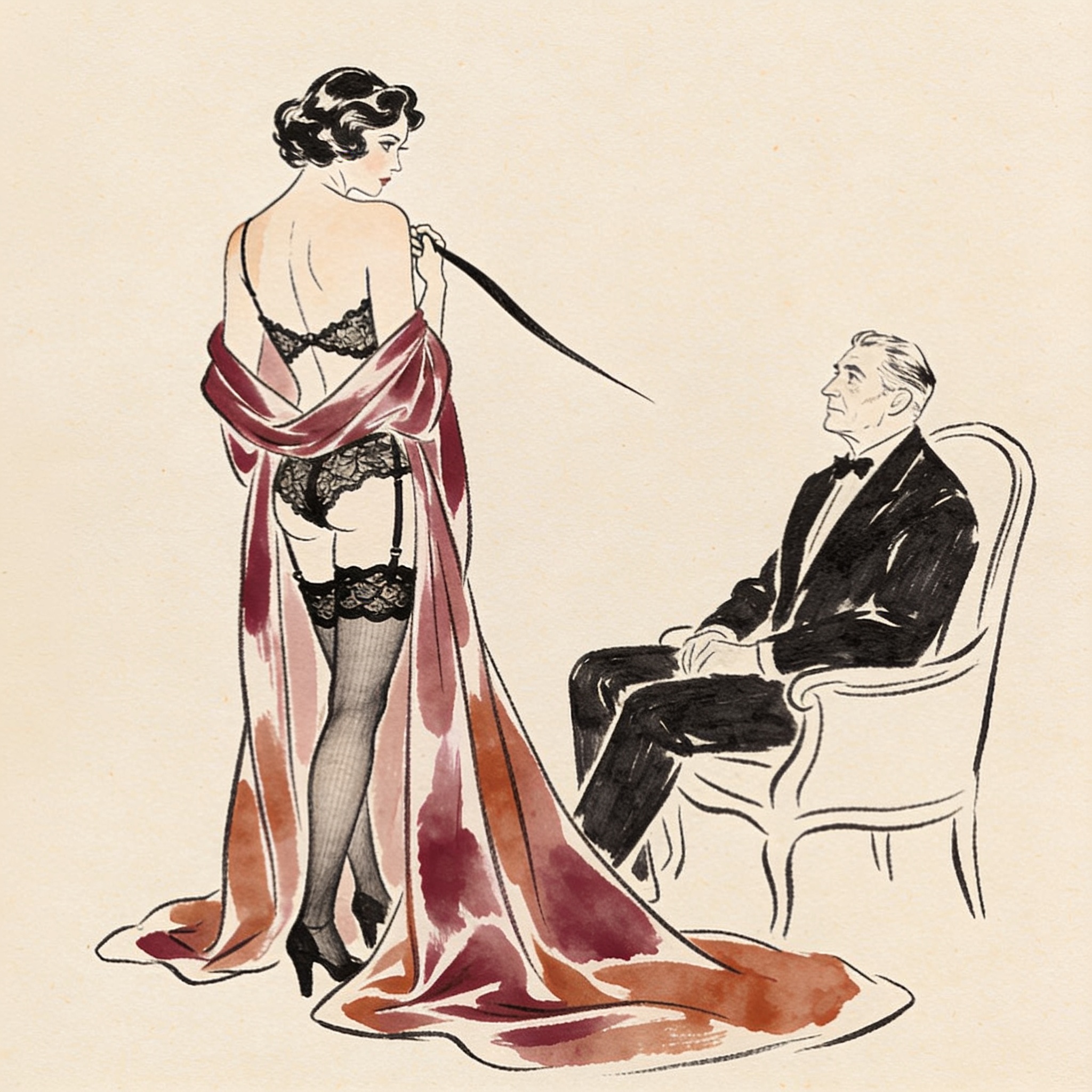 Woman in black lace lingerie lets her robe fall, looking over her shoulder at a man sea...