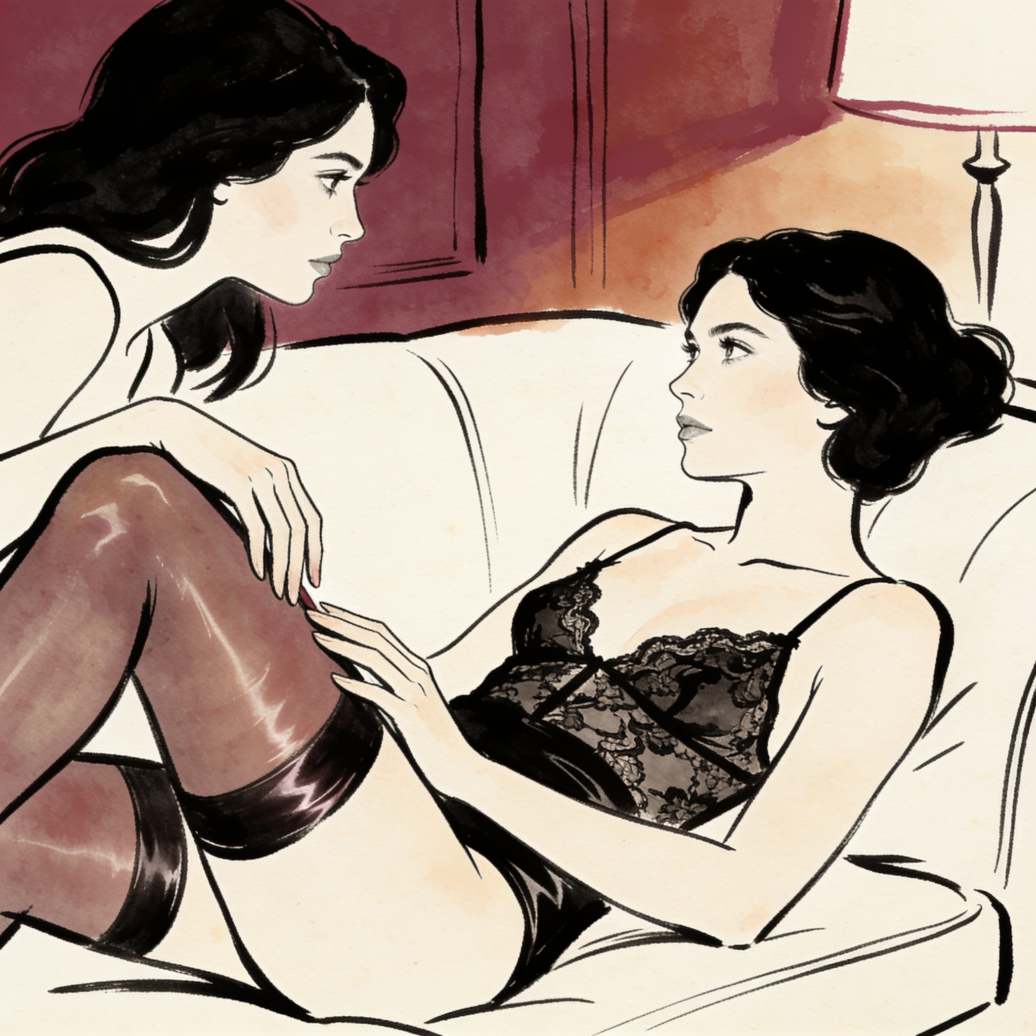 Two women on a sofa, a hand hovering near a knee, intense gaze, intimate tension.