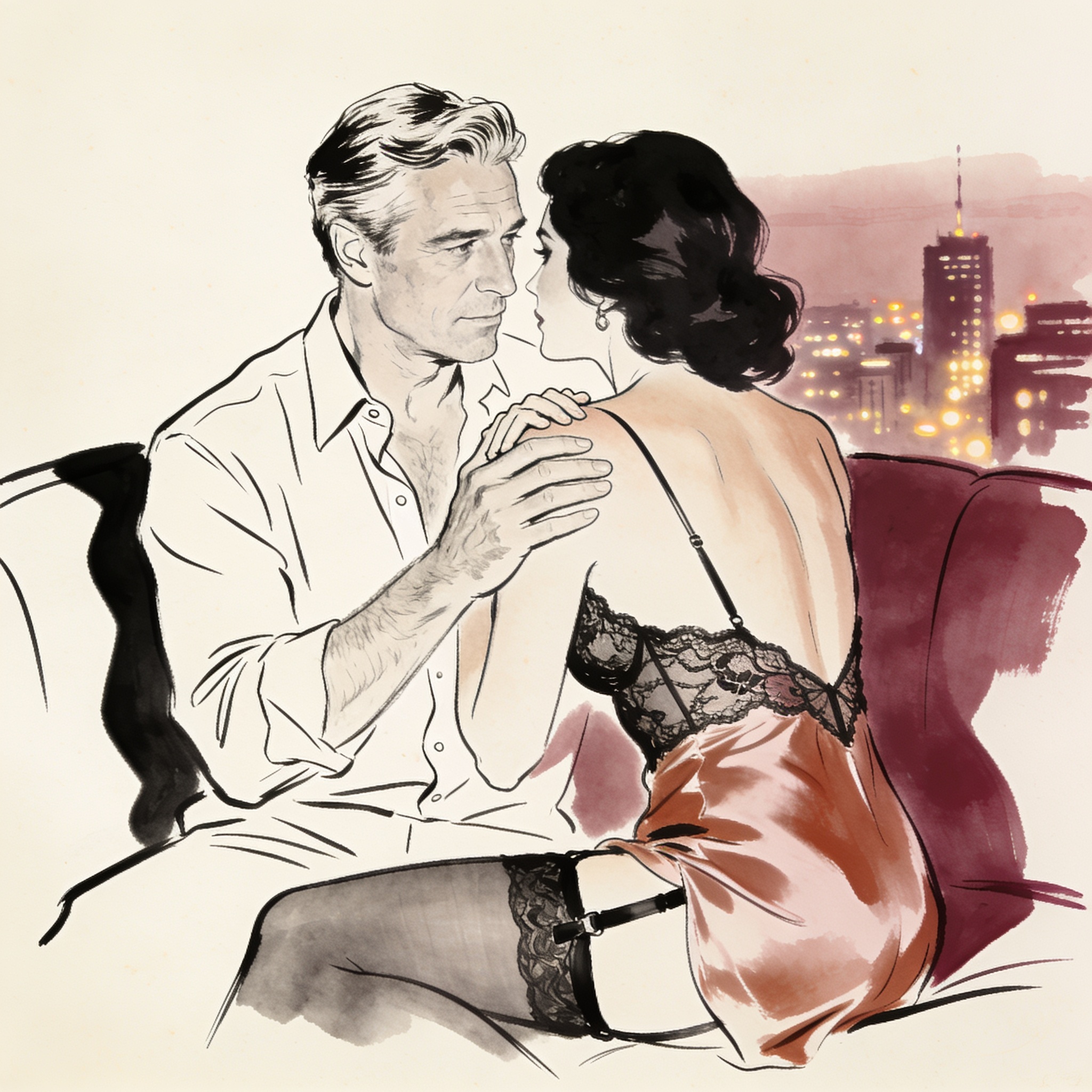 A woman observes a tender hand touch on another's shoulder in a modern hotel.