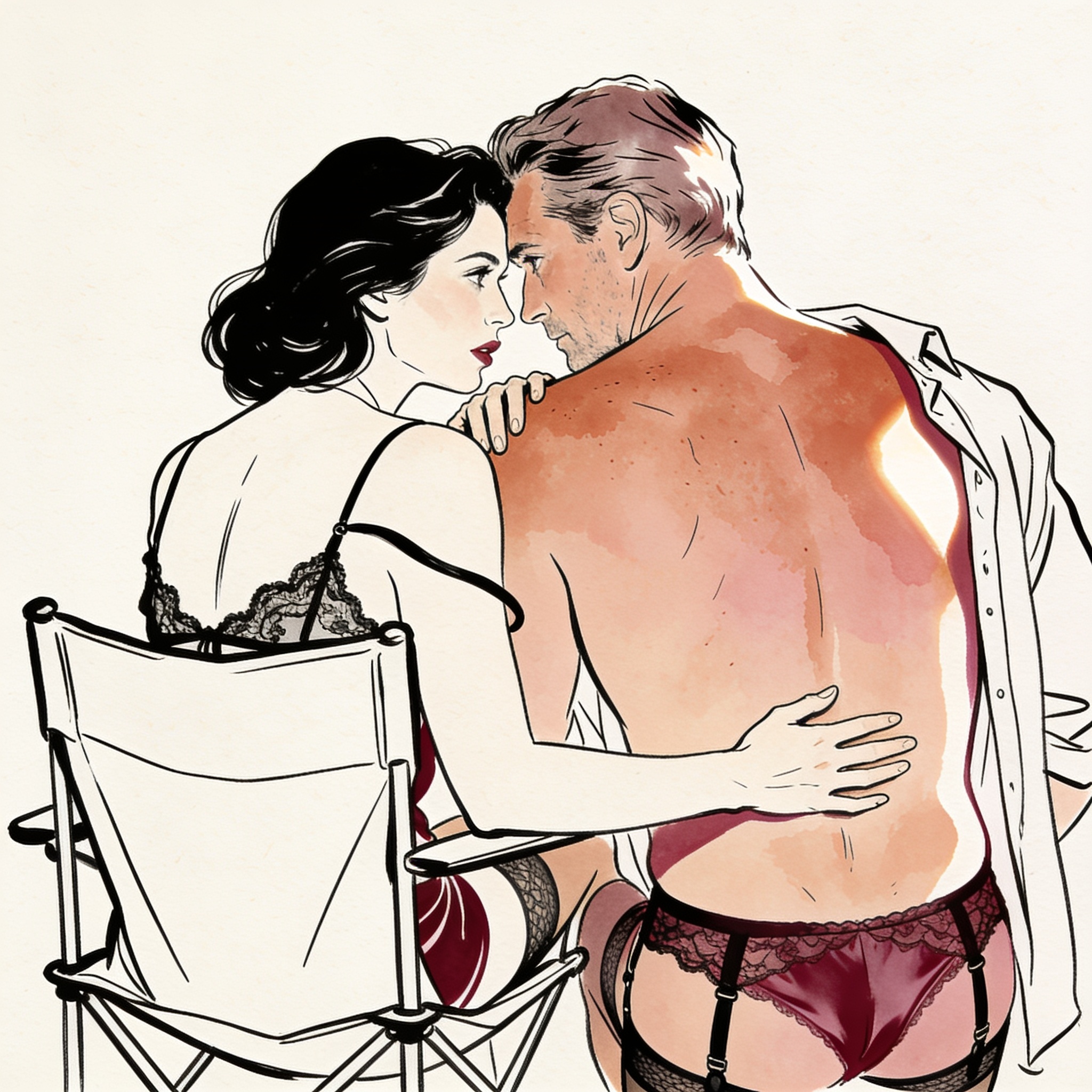 A woman watches a man fishing, her camisole strap slipped off her shoulder, desire in h...