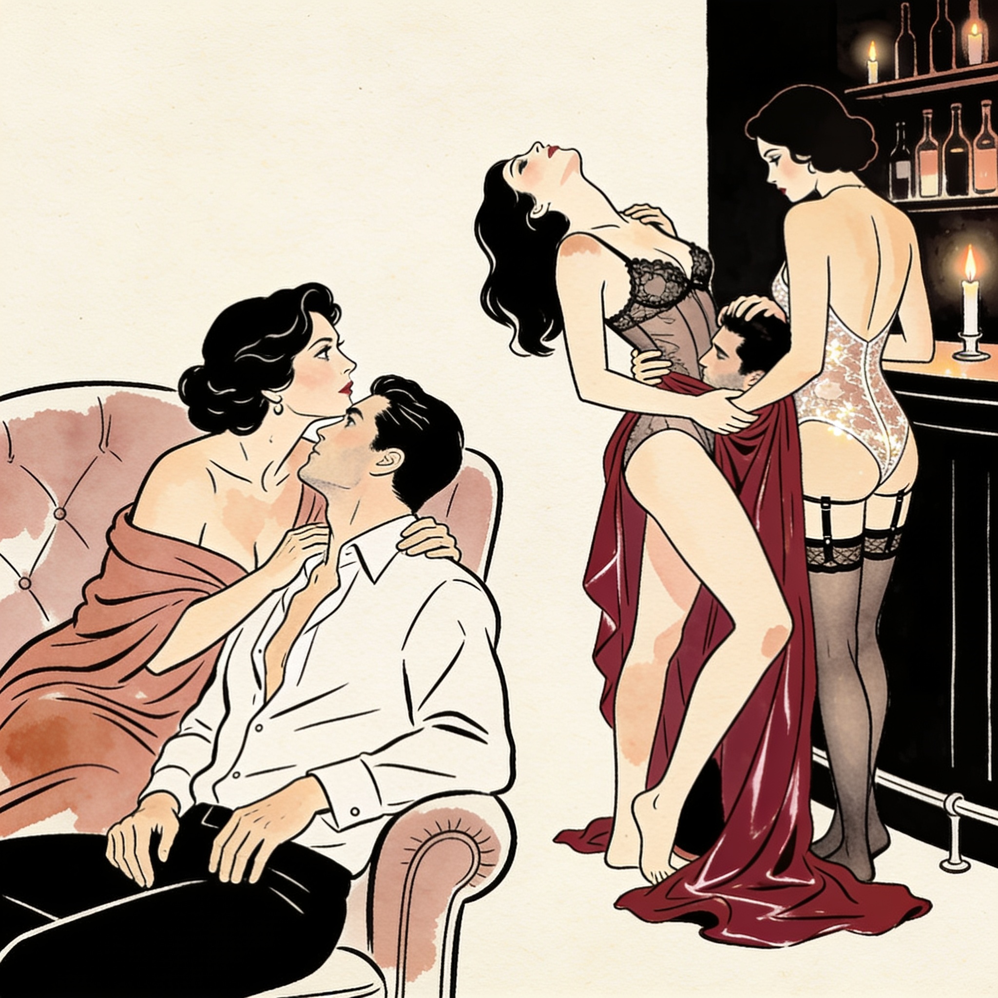 A woman watches, mesmerized, as another woman receives intimate attention.