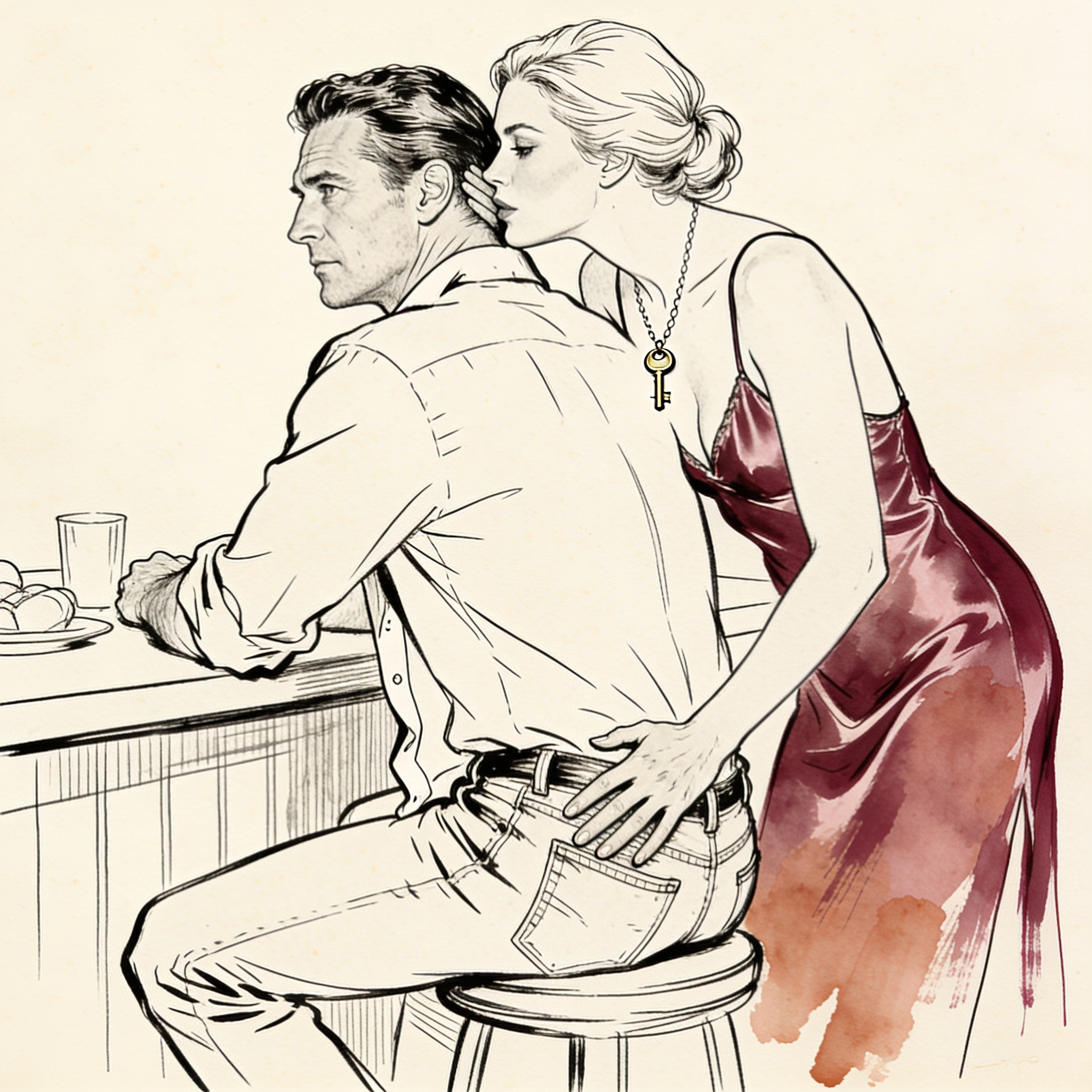 Woman in camisole leans over man at counter, her hand on his jeans, a key hanging from ...