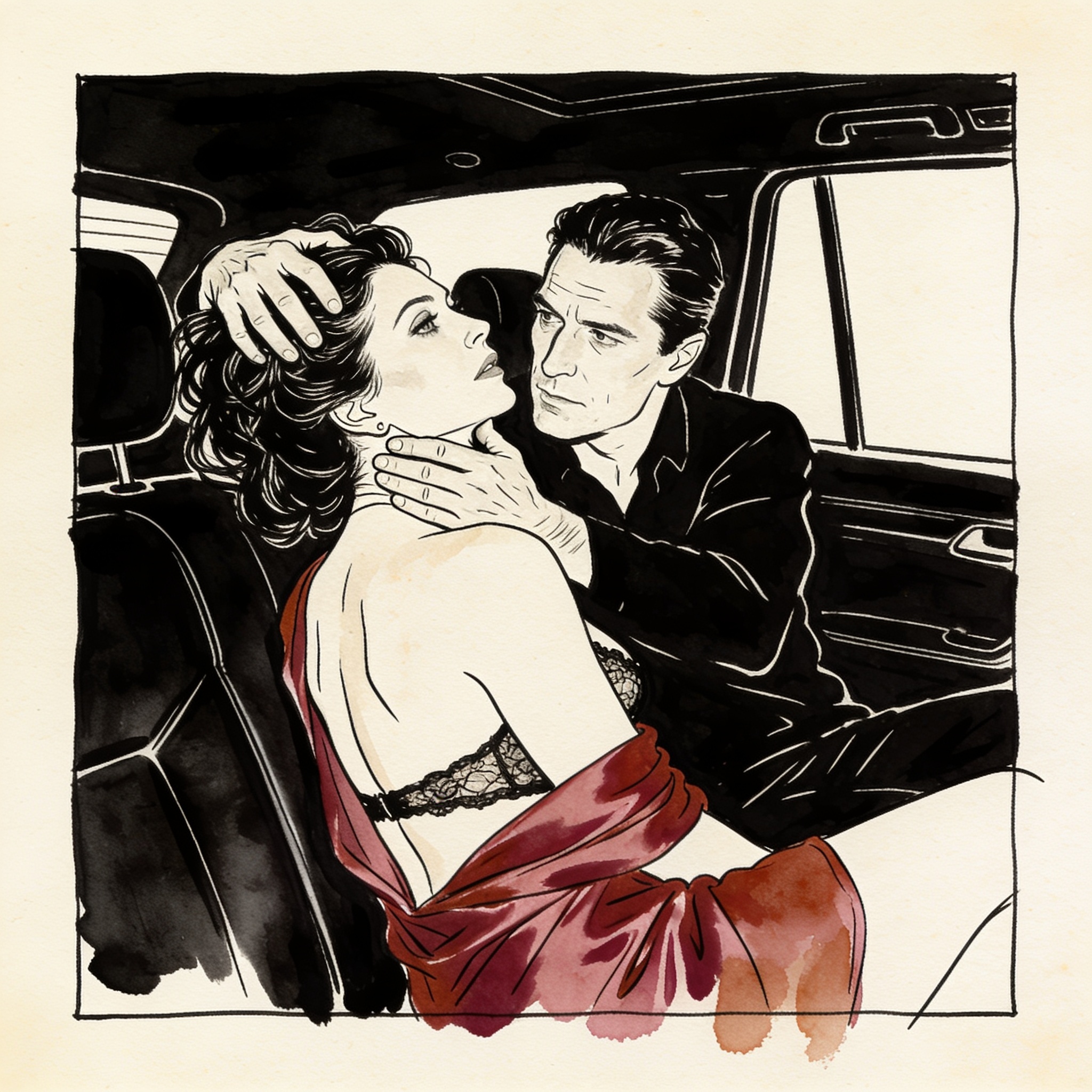 A man’s hand in a woman’s hair, her dress slipping, in a dark car interior.