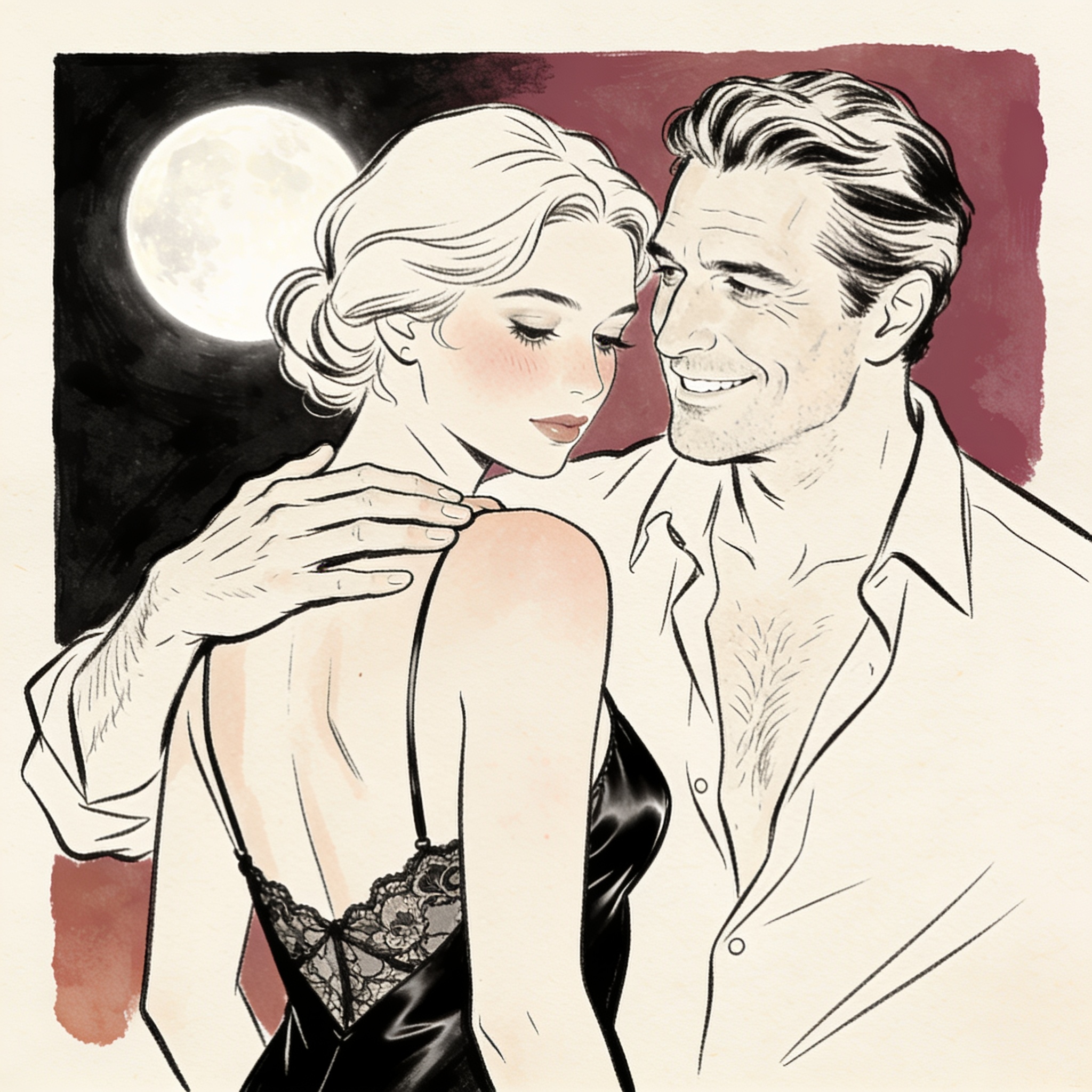 A man whispers to a blushing woman under moonlight, his hand on her bare shoulder.